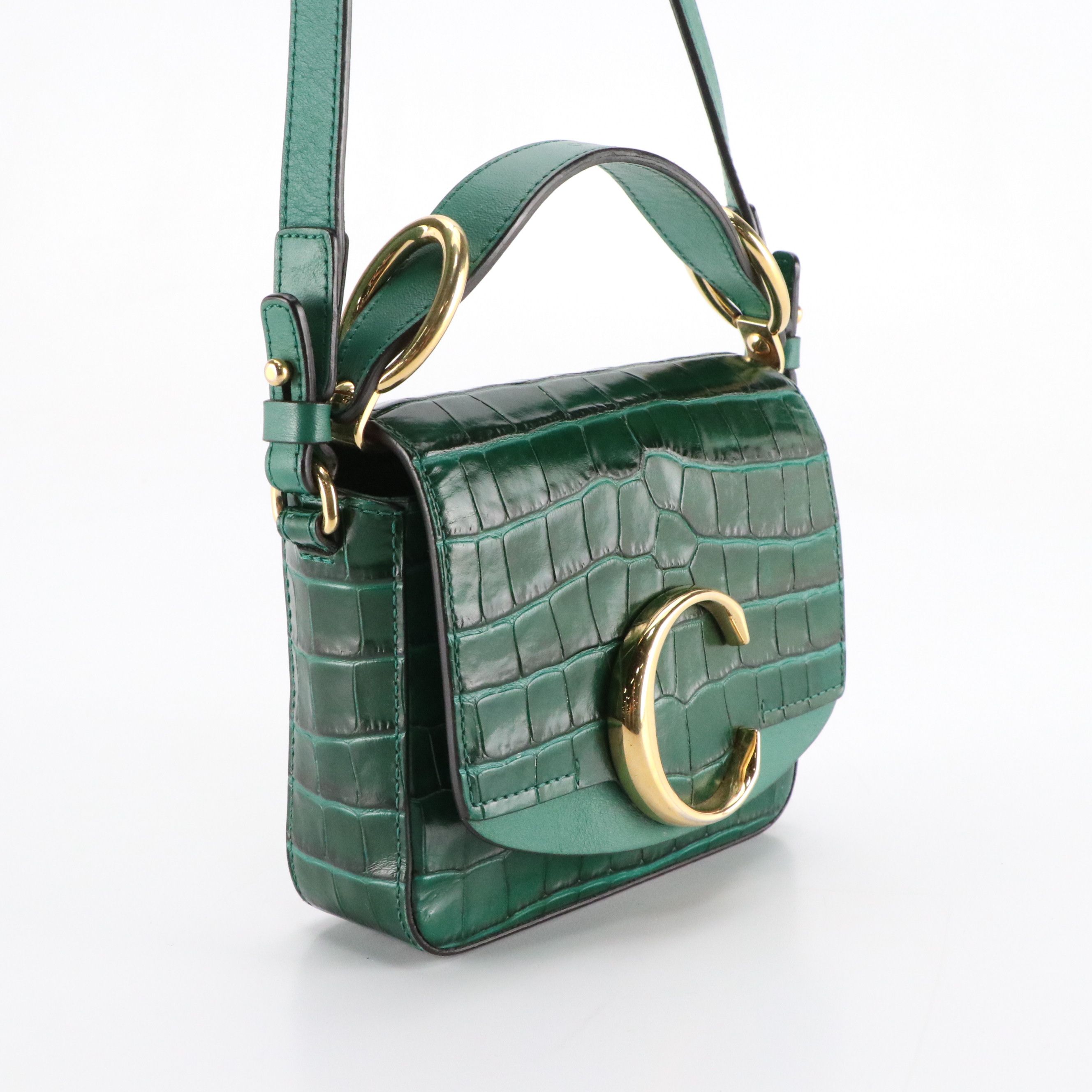 Chloé Mini C Double Carry Bag in Dark Green Croc Embossed and Smooth Leather