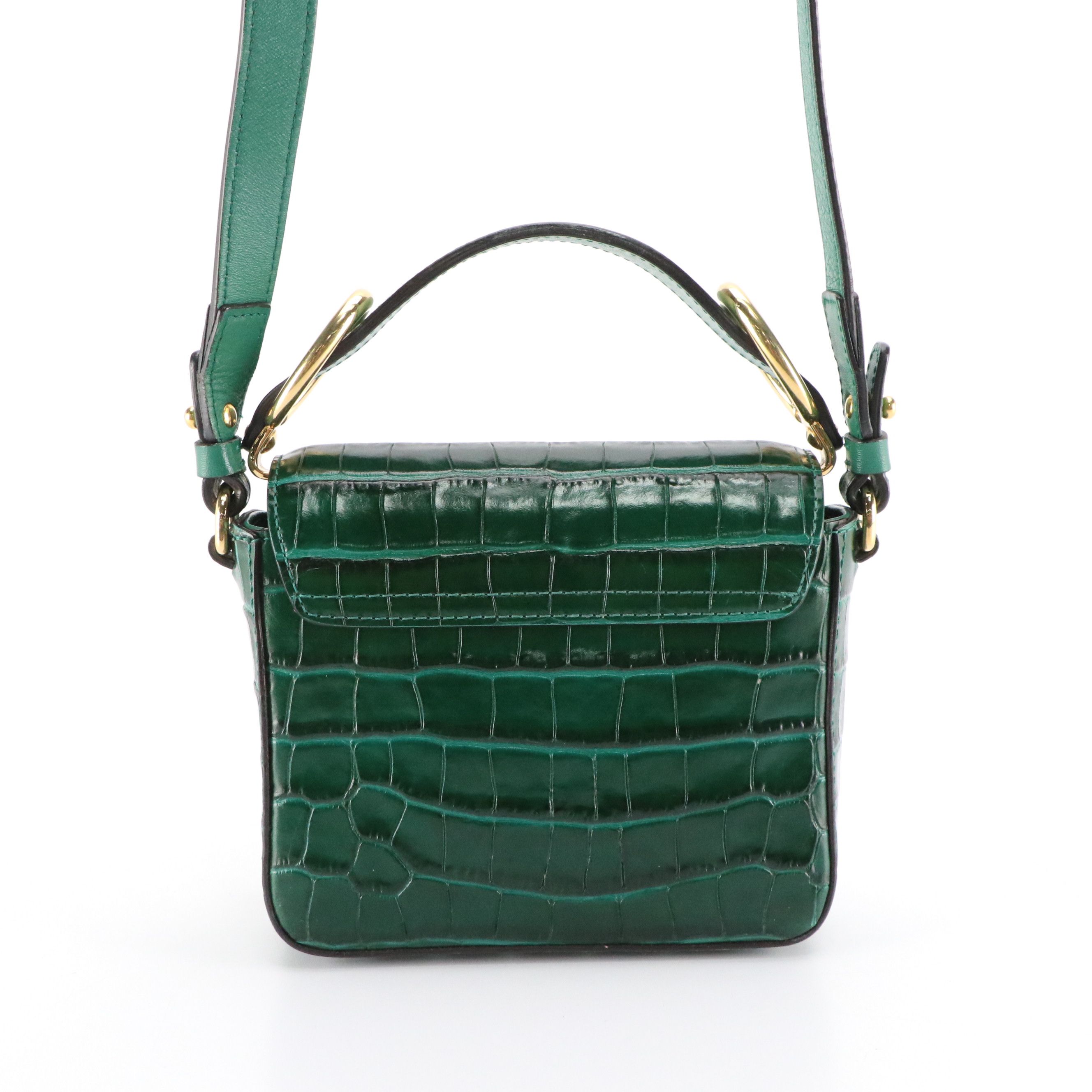 Chloé Mini C Double Carry Bag in Dark Green Croc Embossed and Smooth Leather