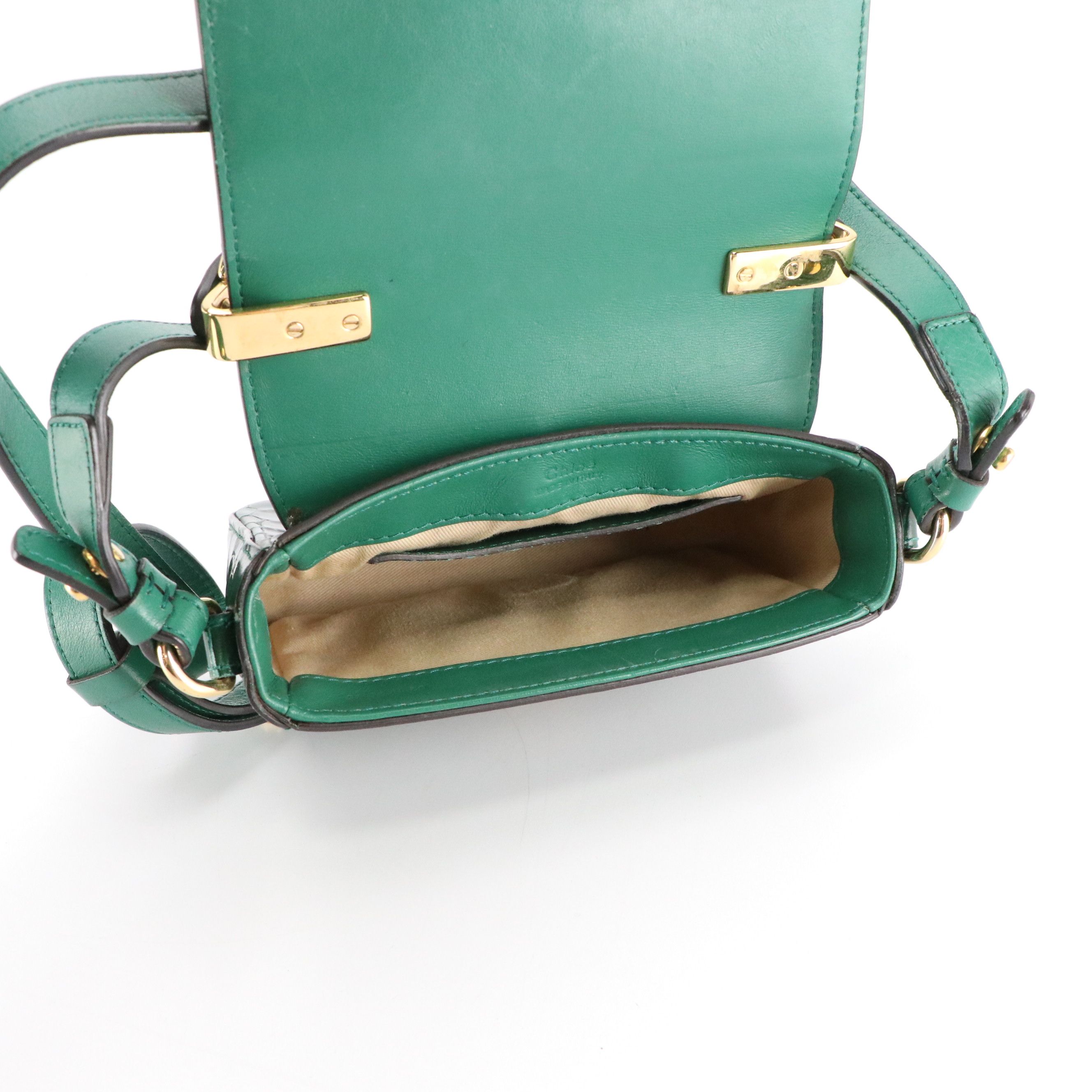 Chloé Mini C Double Carry Bag in Dark Green Croc Embossed and Smooth Leather