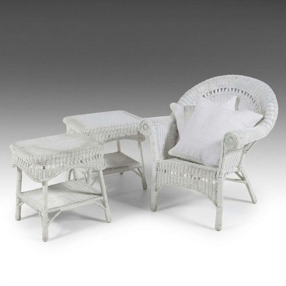 White Painted Wicker Armchair and End Tables