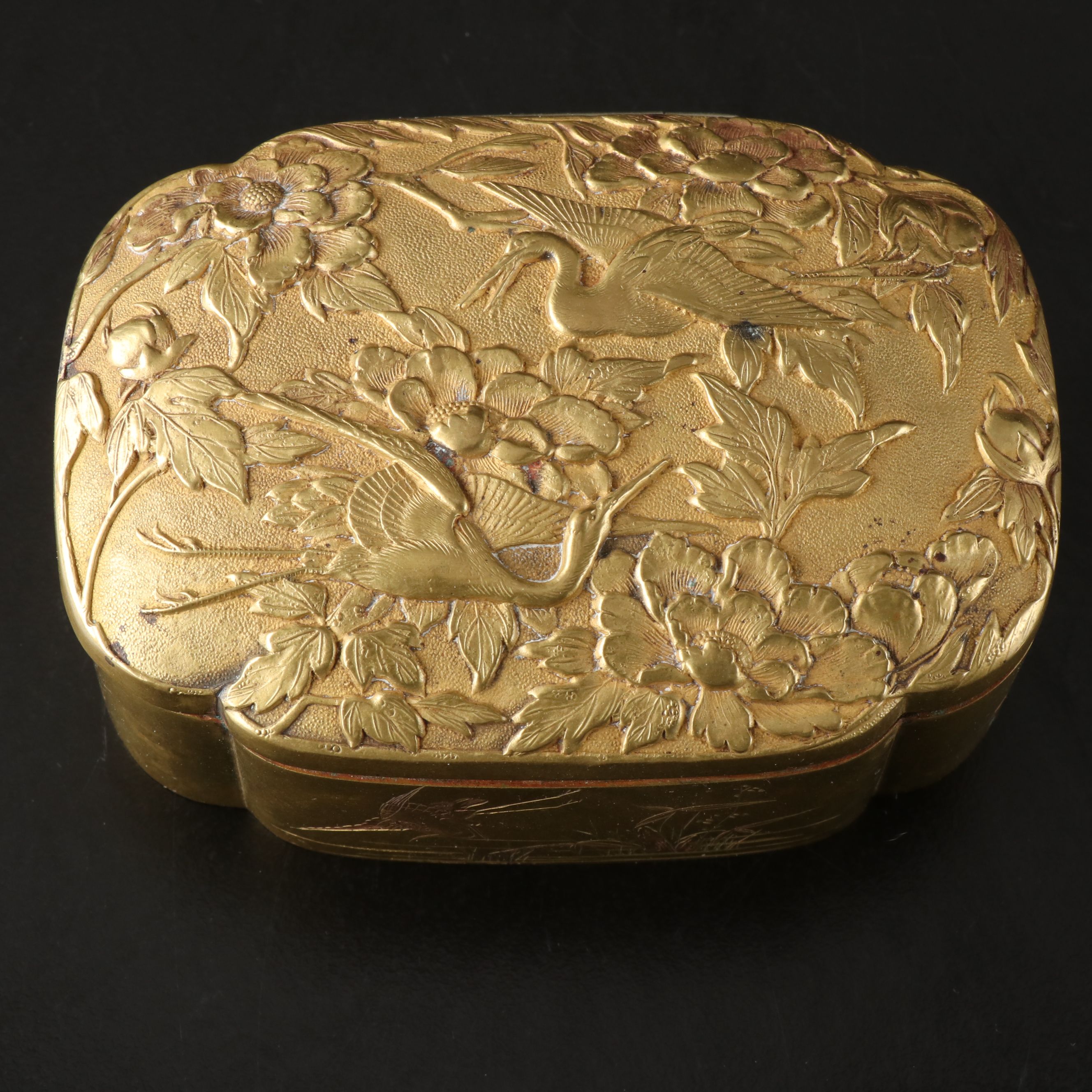 Japanese Embossed Crane and Floral Brass Box with Copper Inlay