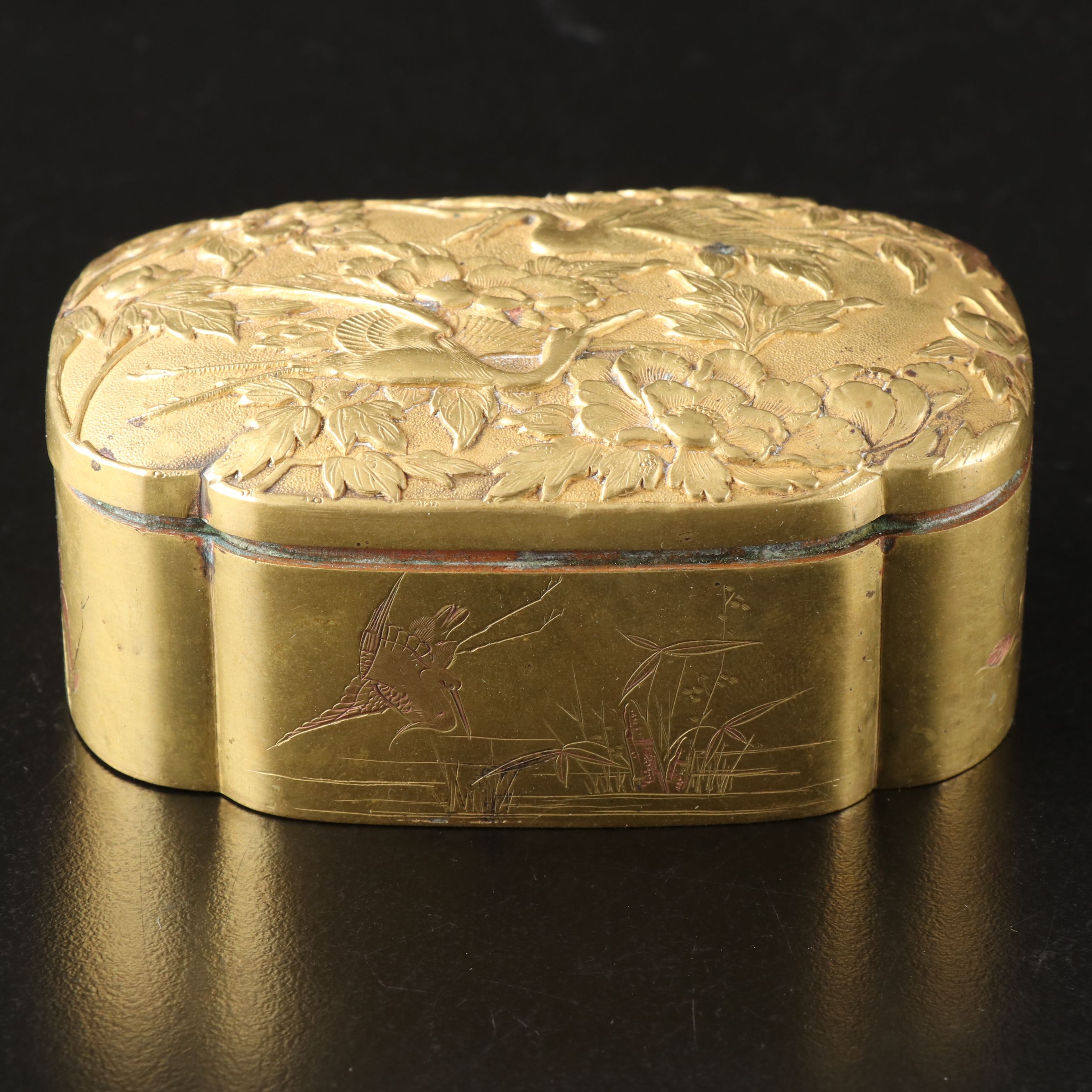 Japanese Embossed Crane and Floral Brass Box with Copper Inlay
