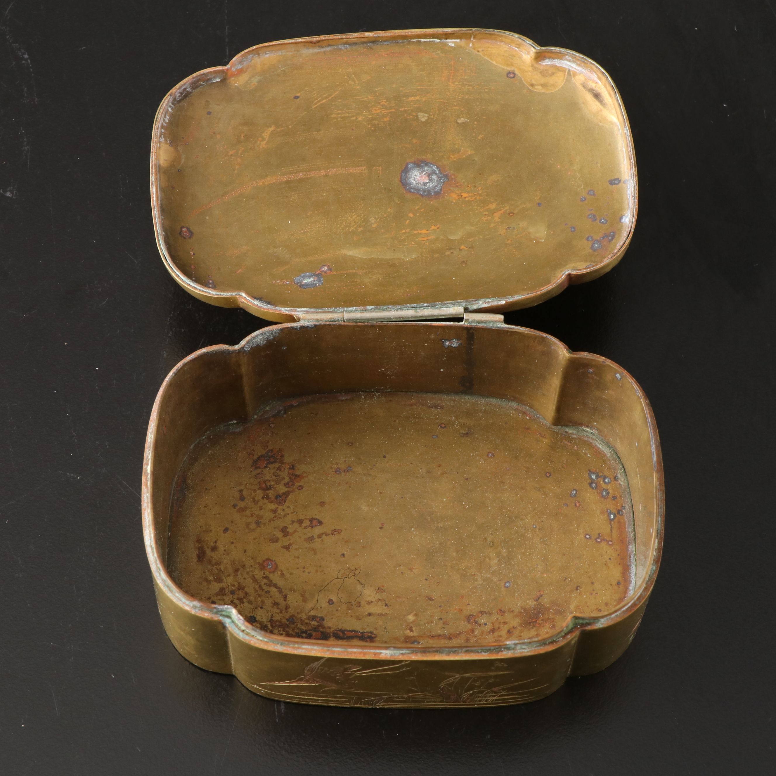 Japanese Embossed Crane and Floral Brass Box with Copper Inlay