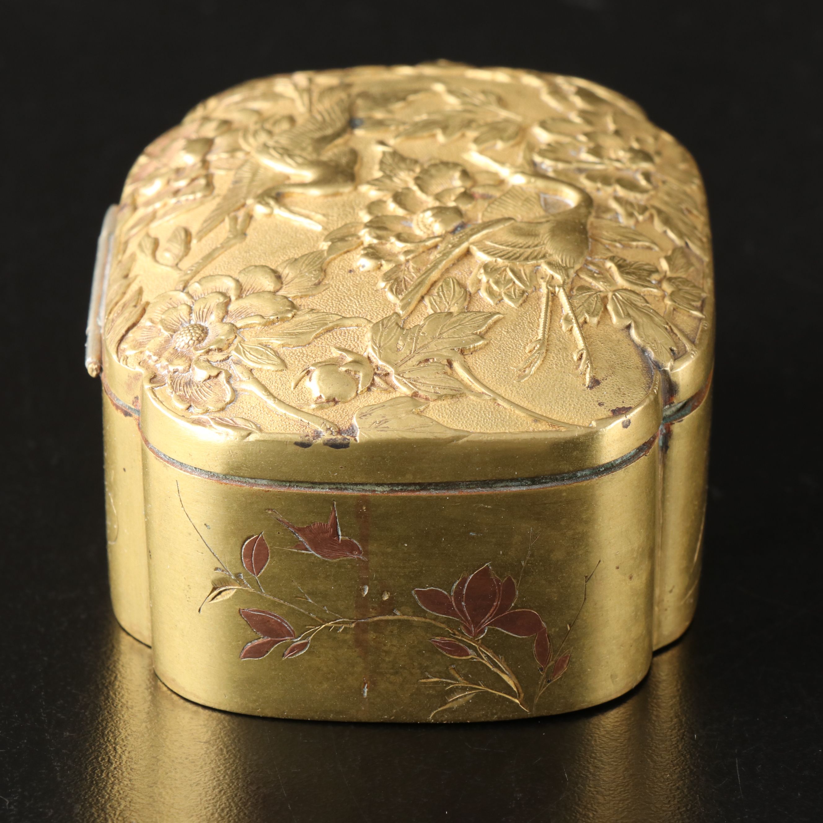 Japanese Embossed Crane and Floral Brass Box with Copper Inlay