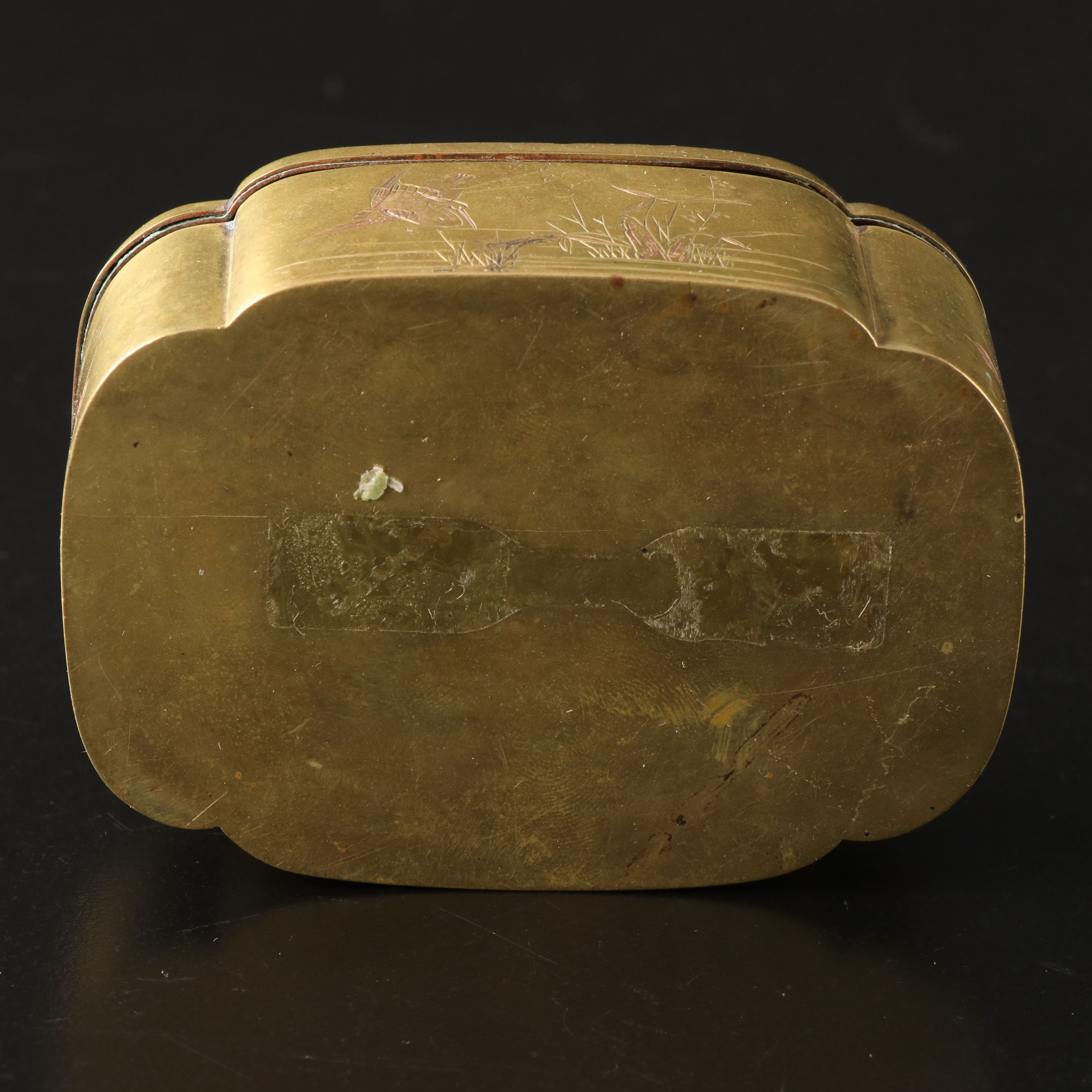 Japanese Embossed Crane and Floral Brass Box with Copper Inlay