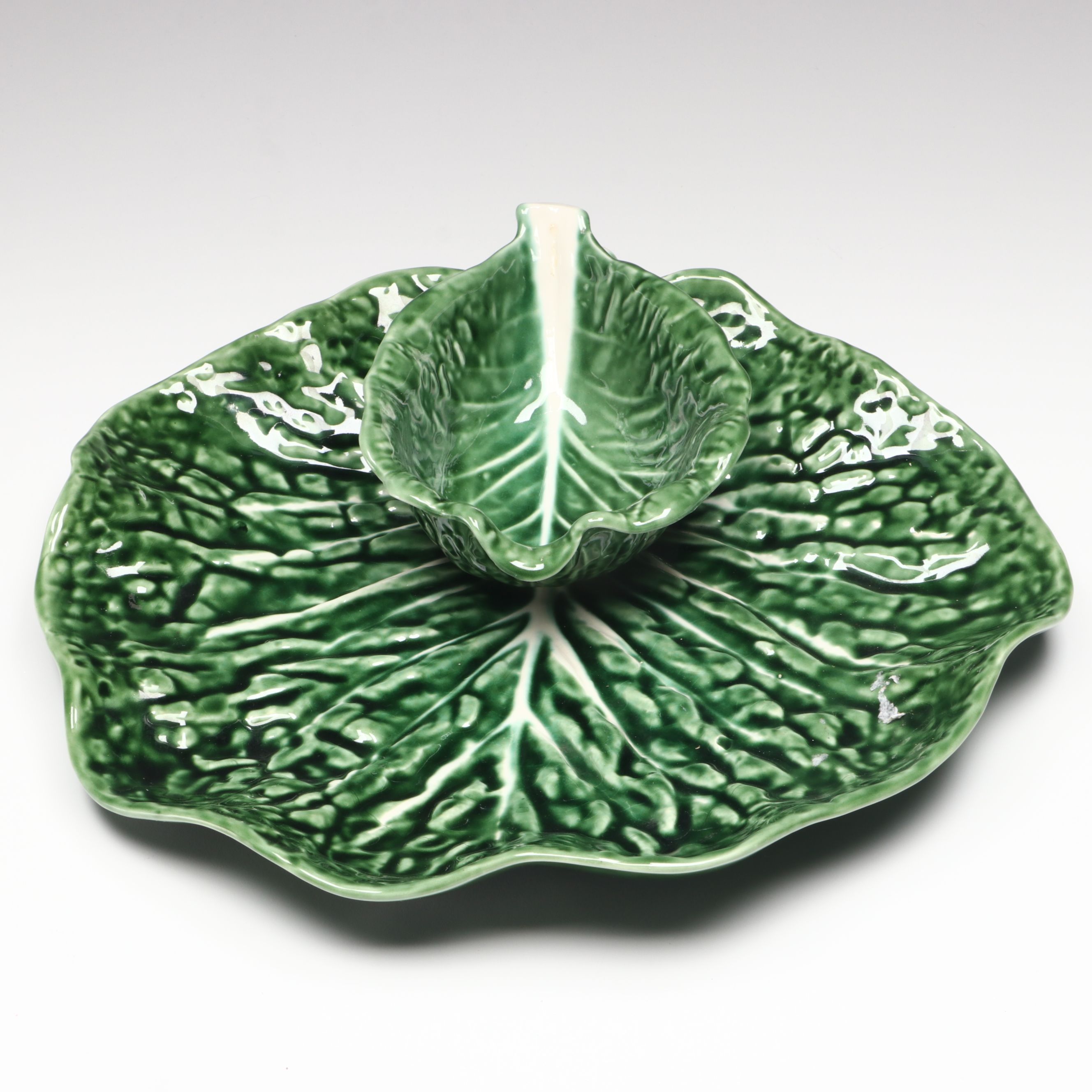 Portugese Ceramic Majolica Cabbage Chip and Dips