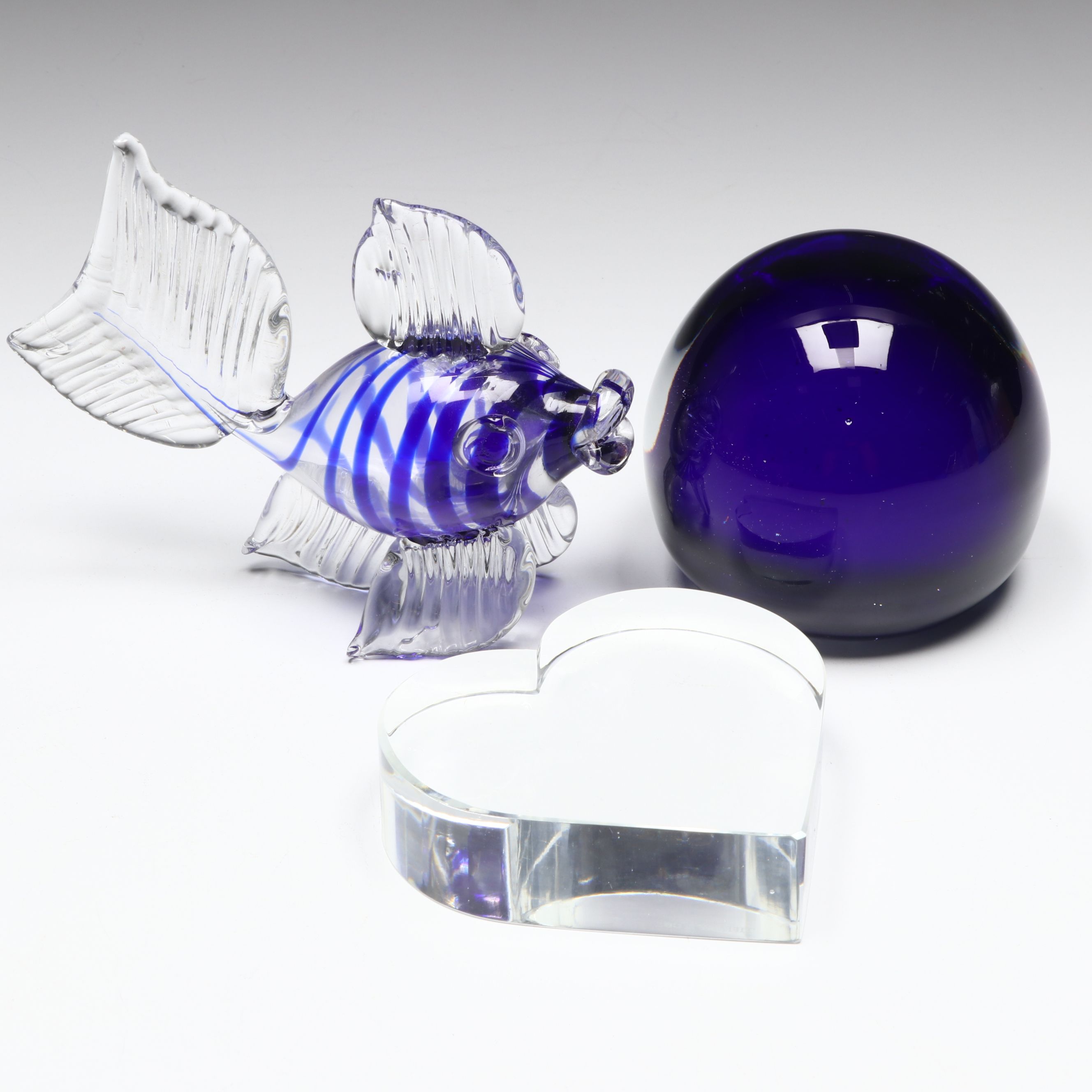 Tiffany & Co. Heart-Shaped Crystal Paperweight with Other Cobalt Art Glass