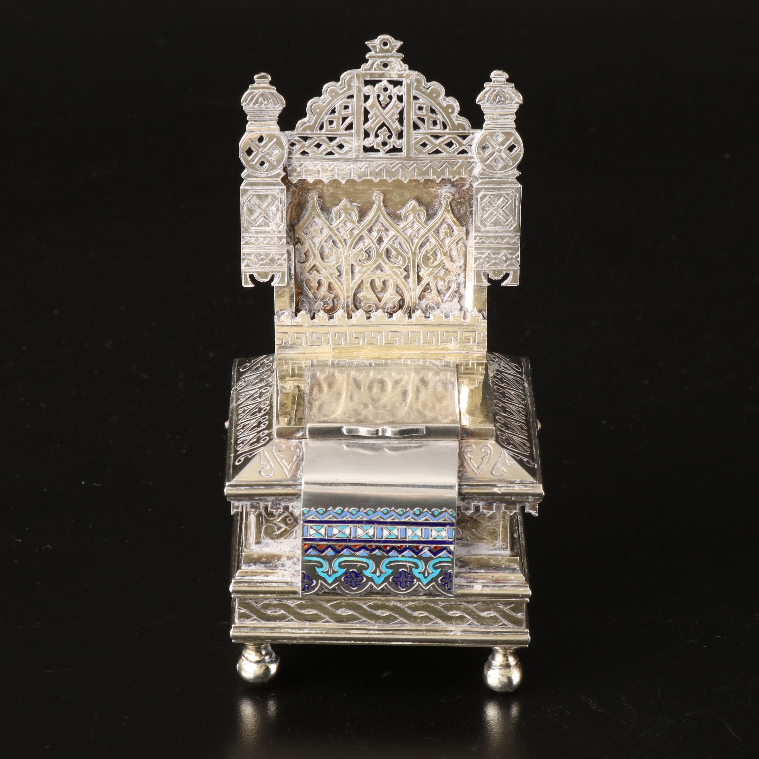 Russian 800 Silver Salt Cellar Throne with Enamel Accents, 1886