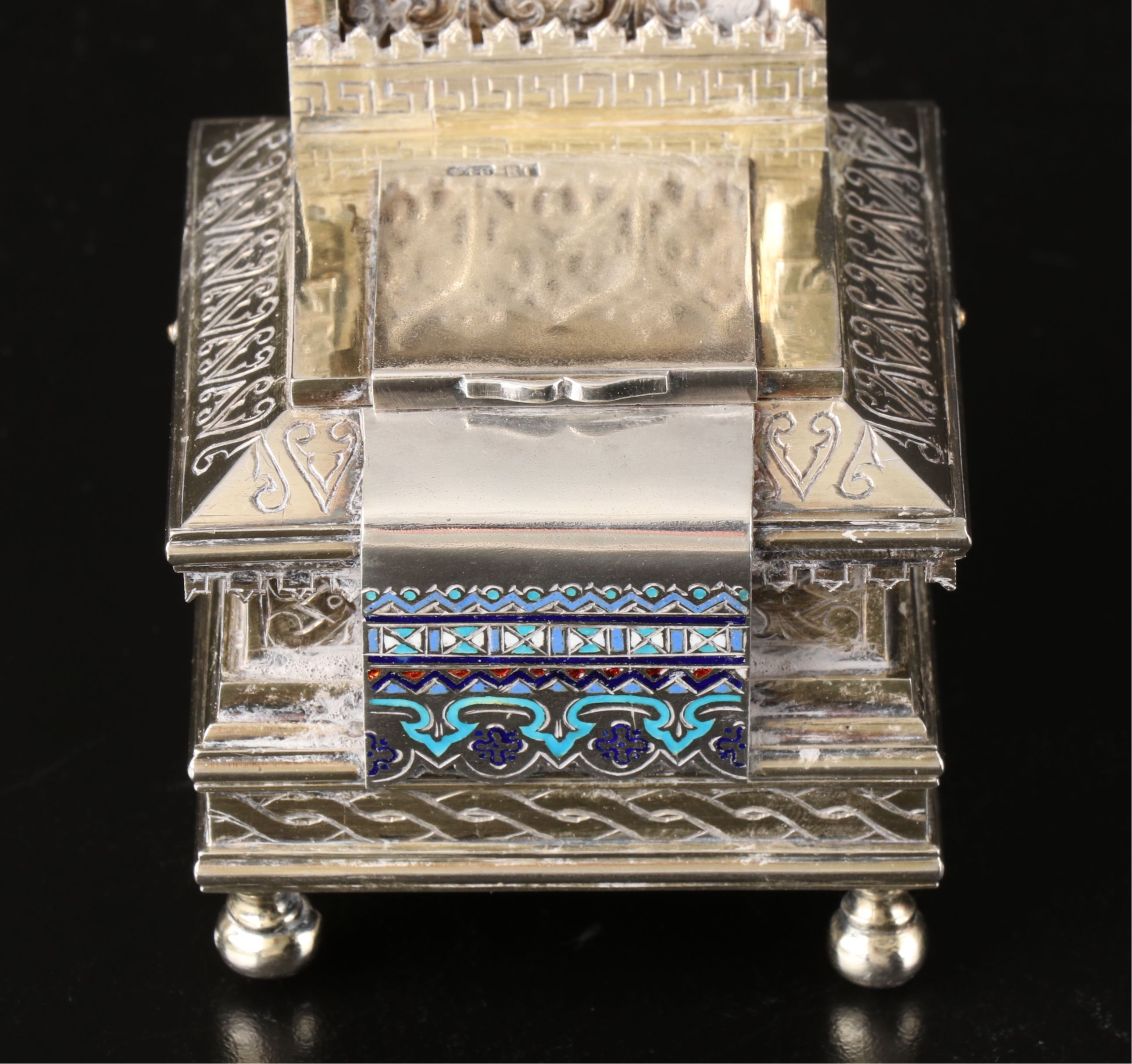 Russian 800 Silver Salt Cellar Throne with Enamel Accents, 1886