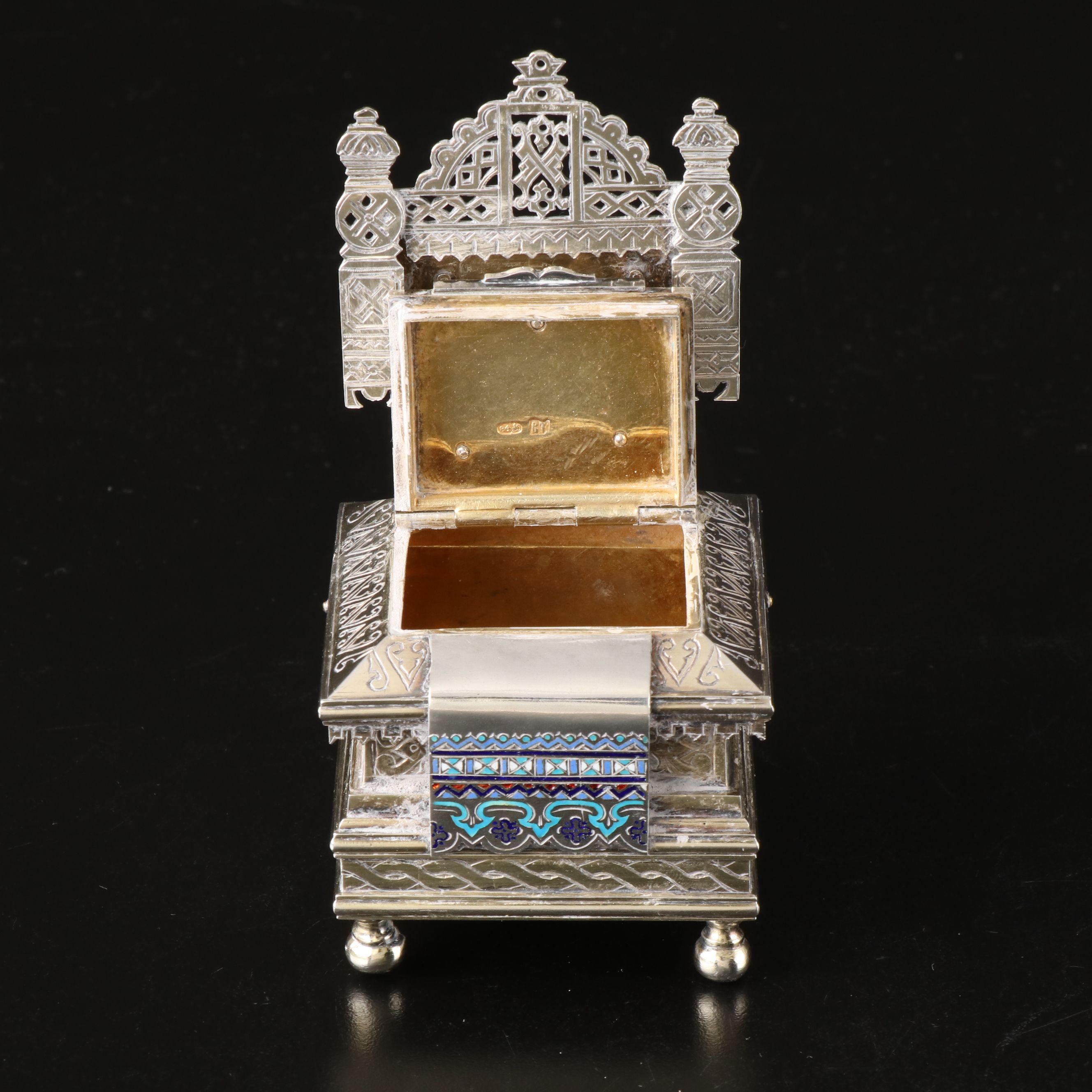 Russian 800 Silver Salt Cellar Throne with Enamel Accents, 1886