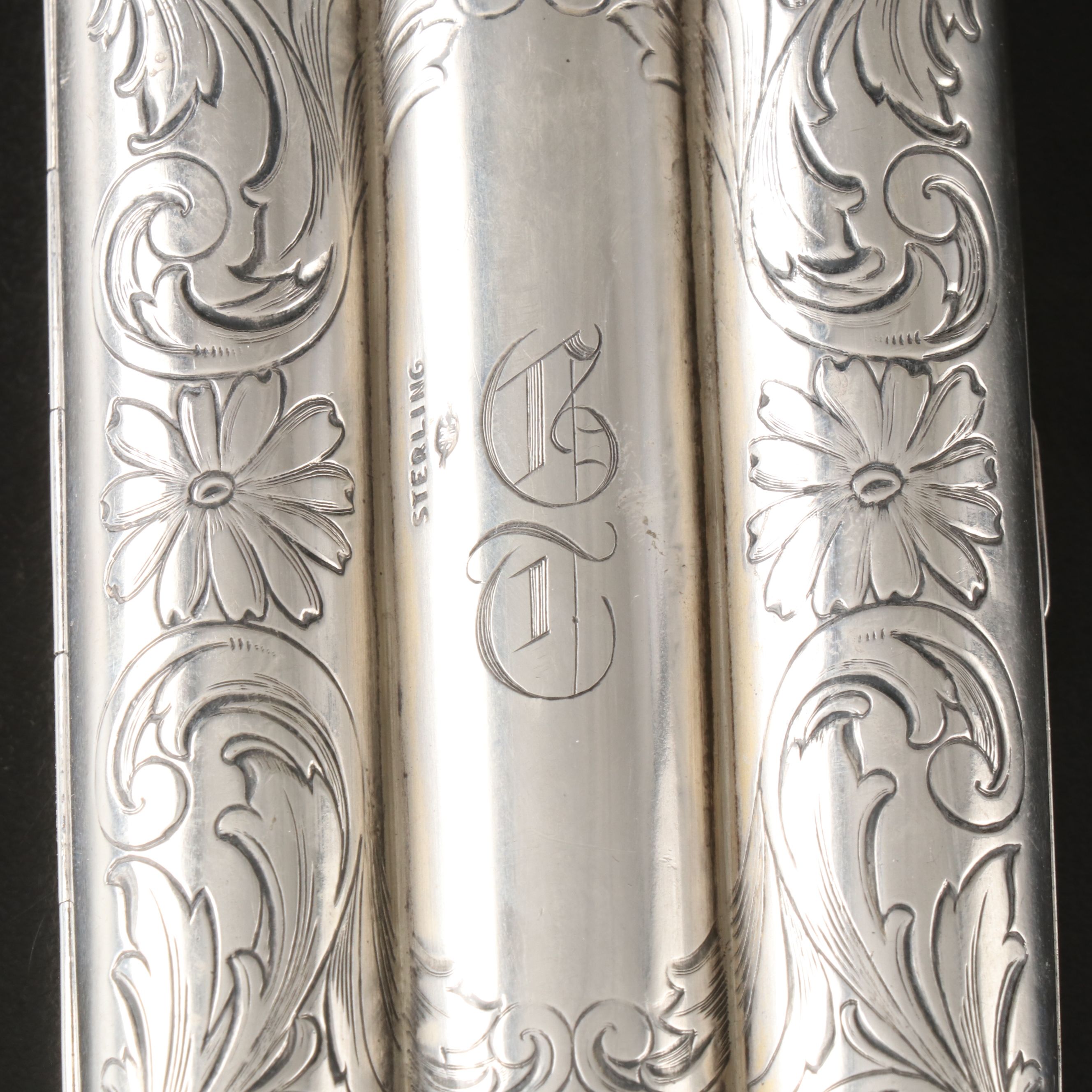 Webster Floral Etched Monogrammed Sterling Silver Cigar Case