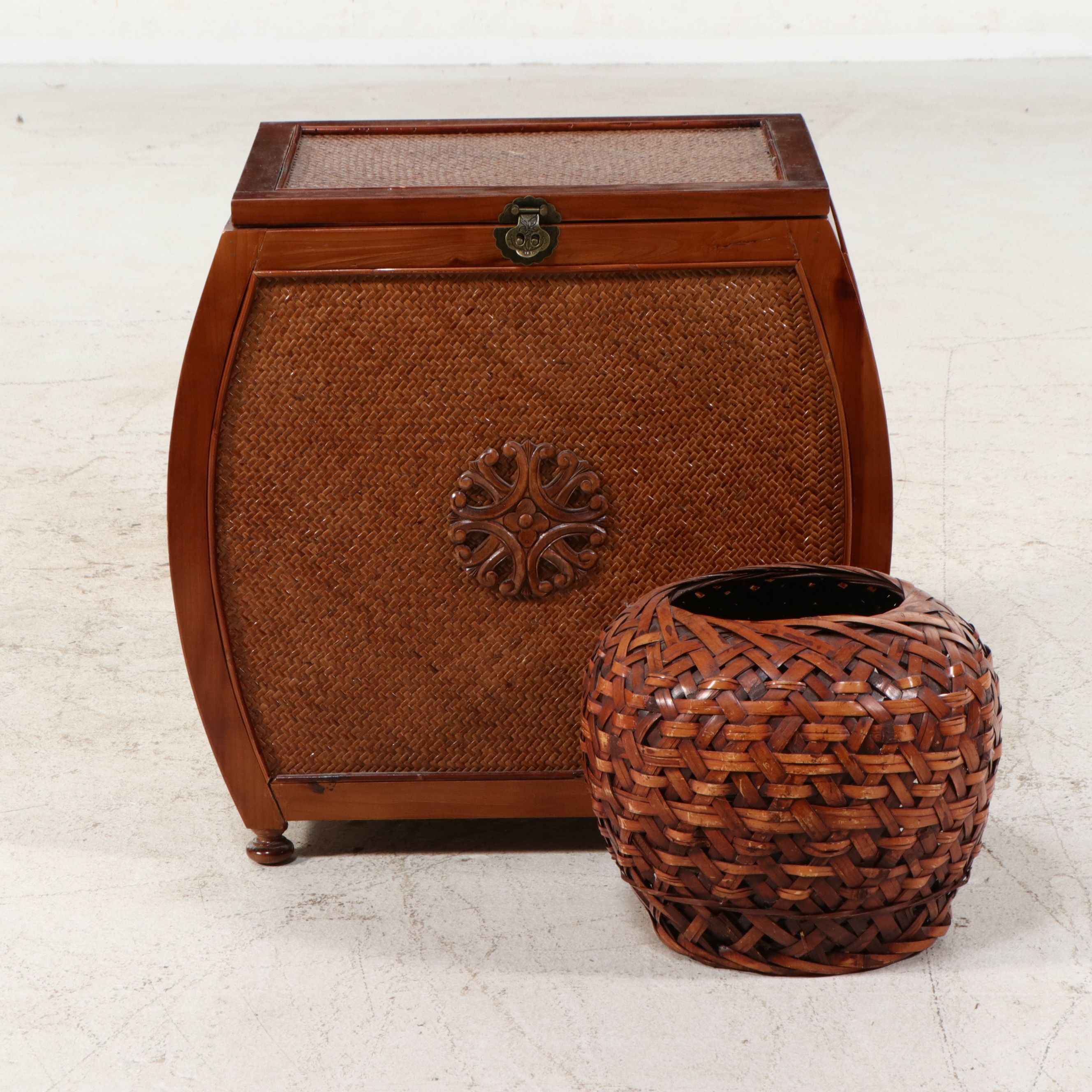 Chinese Style Elm and Woven Rattan Storage Trunk with Bamboo Basket