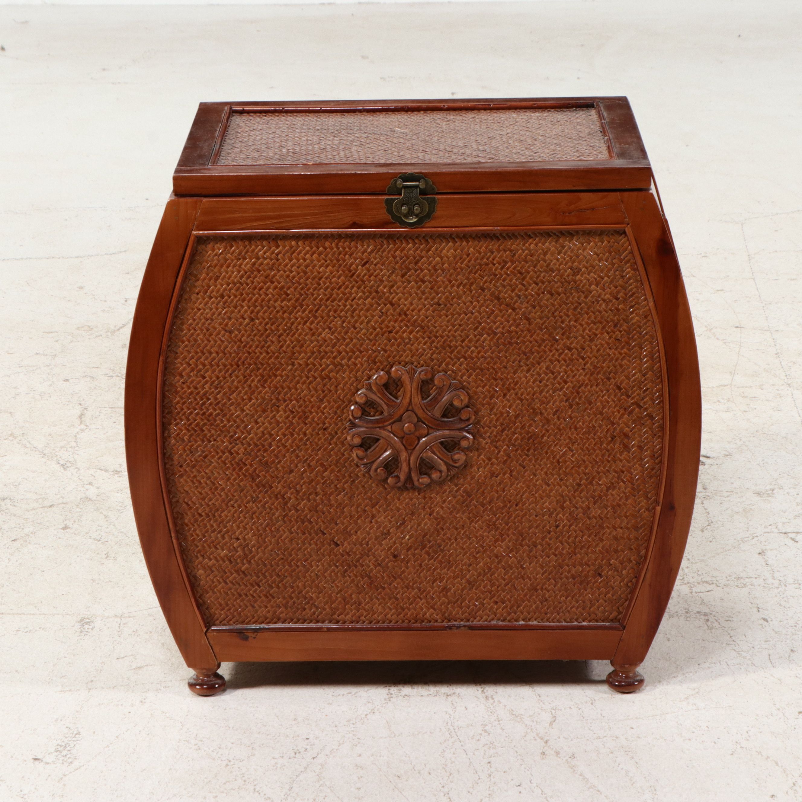 Chinese Style Elm and Woven Rattan Storage Trunk with Bamboo Basket