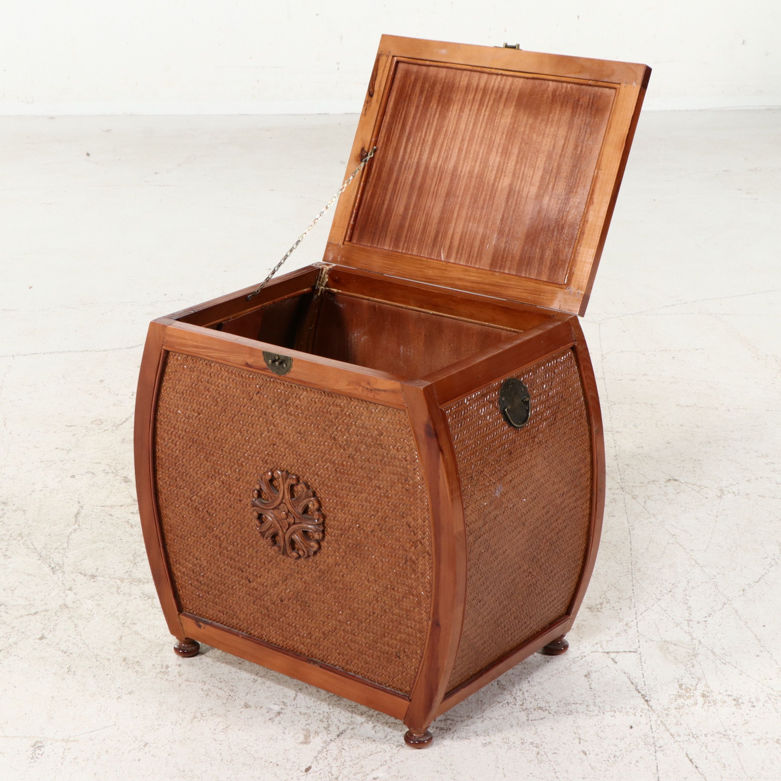 Chinese Style Elm and Woven Rattan Storage Trunk with Bamboo Basket