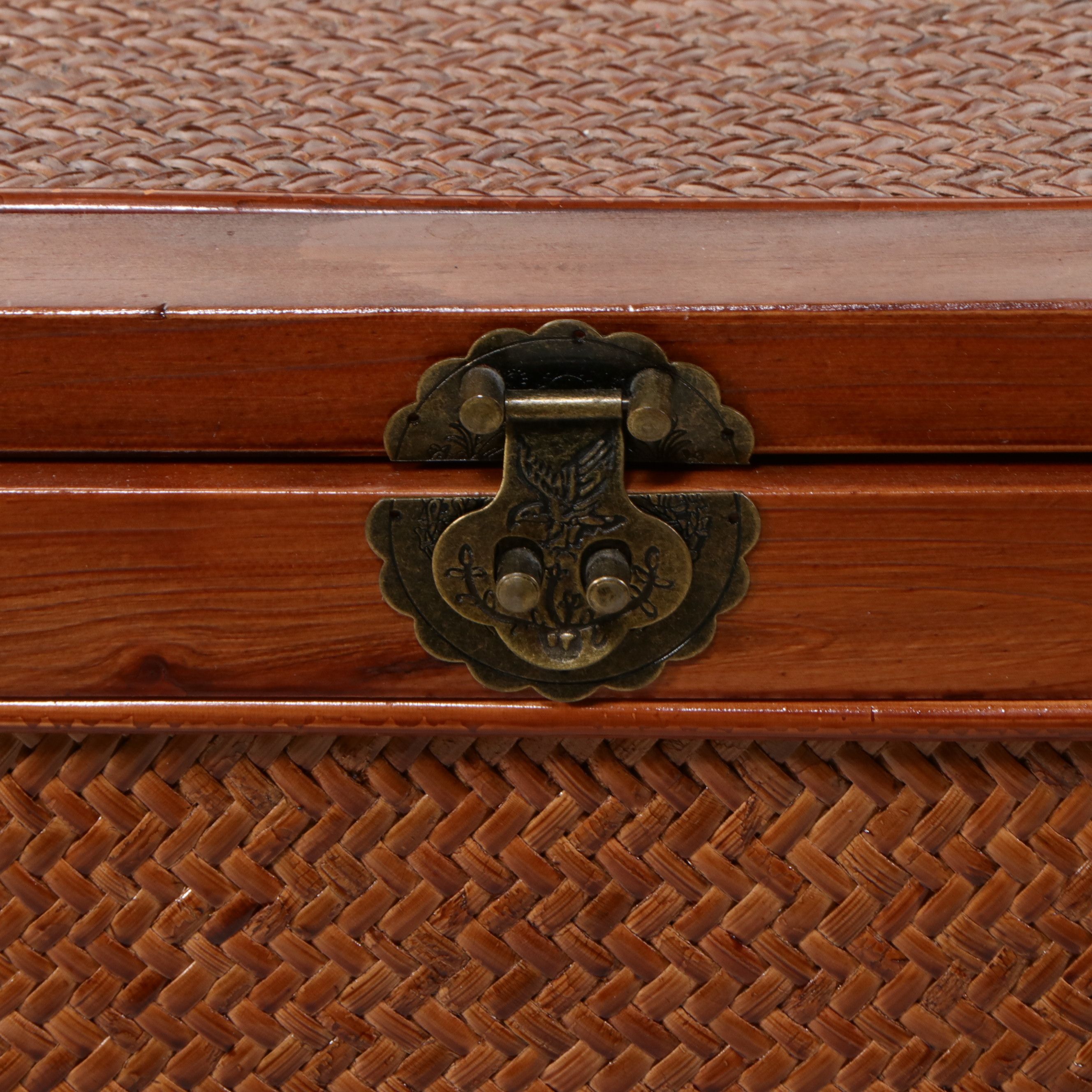 Chinese Style Elm and Woven Rattan Storage Trunk with Bamboo Basket
