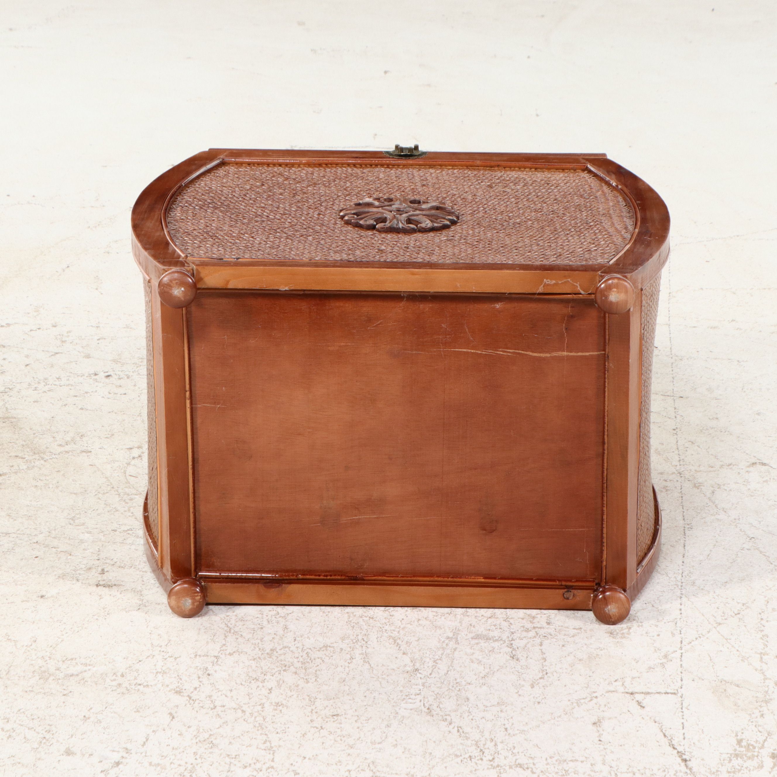 Chinese Style Elm and Woven Rattan Storage Trunk with Bamboo Basket