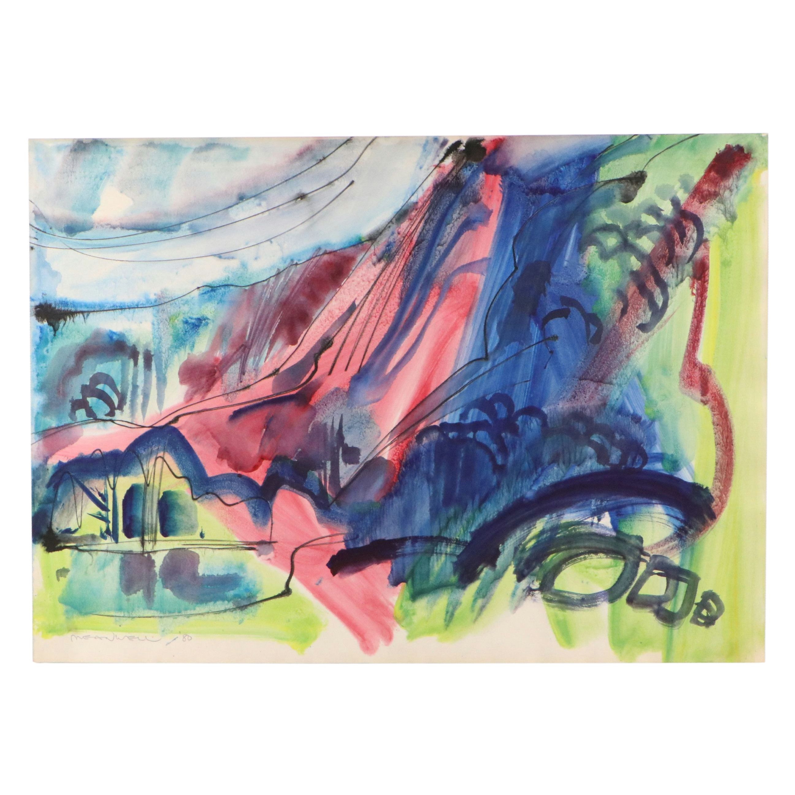 Jack Meanwell Abstracted Landscape Watercolor Painting, 1979