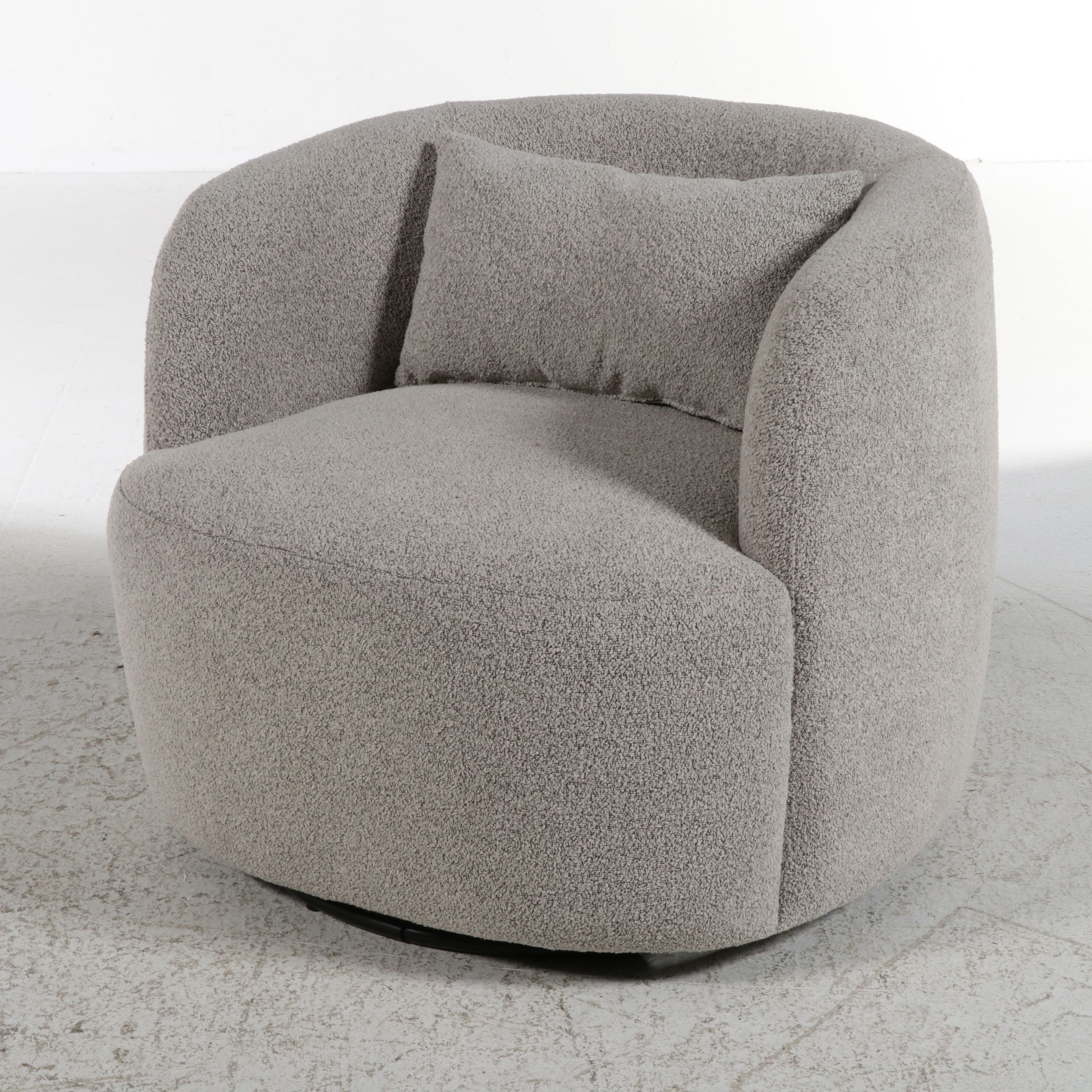Kinwell Grey Bouclé Swivel Barrel Chair with Lumbar Pillow, 21st Century