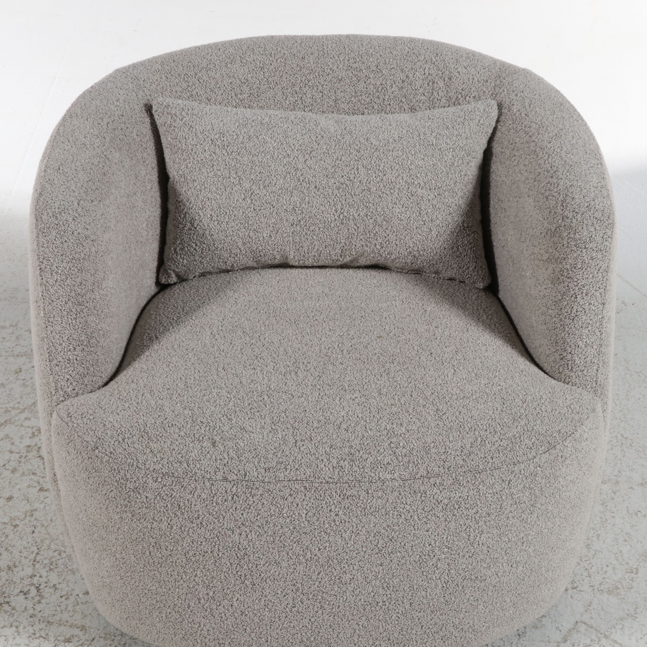 Kinwell Grey Bouclé Swivel Barrel Chair with Lumbar Pillow, 21st Century