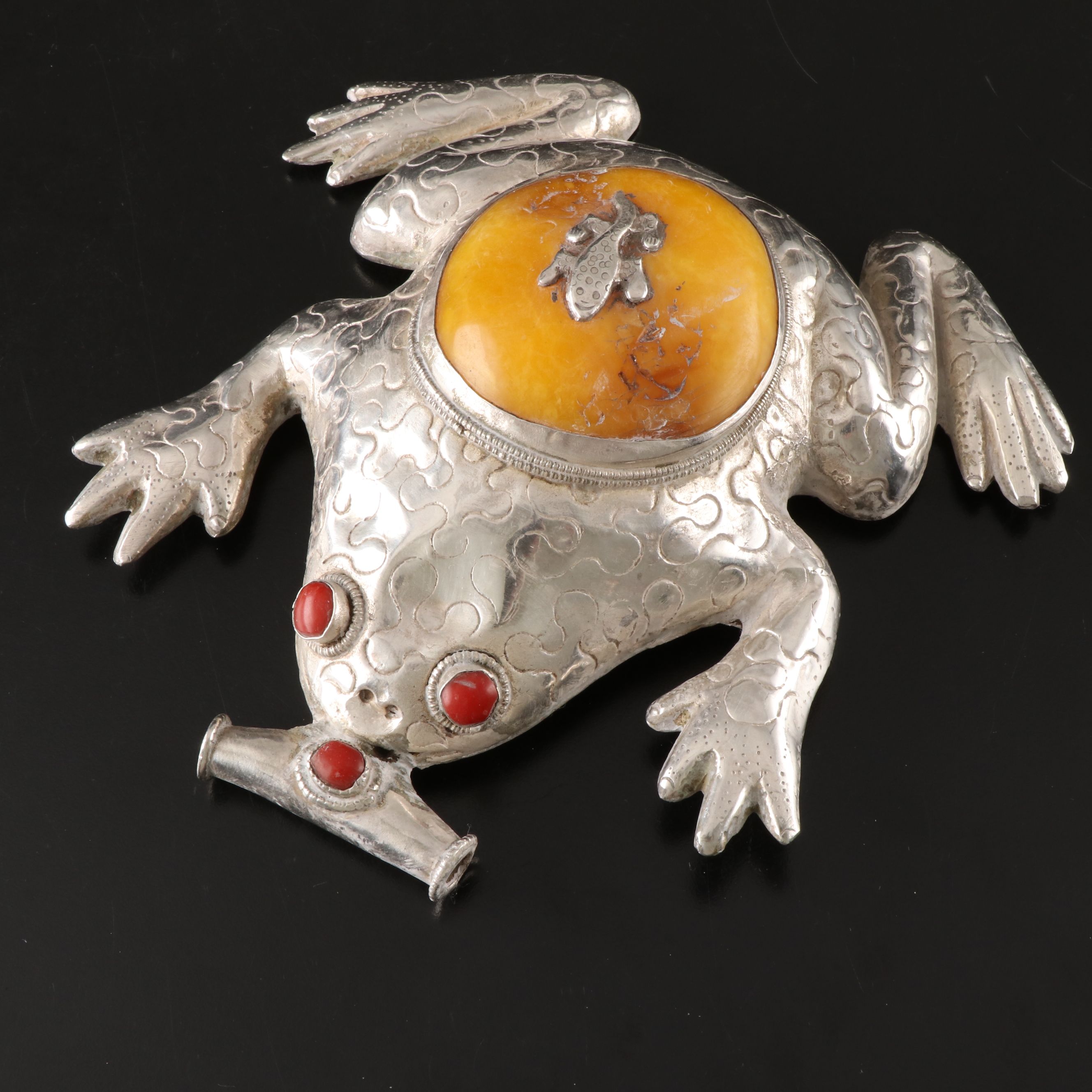 Tibetan 900 Silver Frog with Resin and Glass Inlay