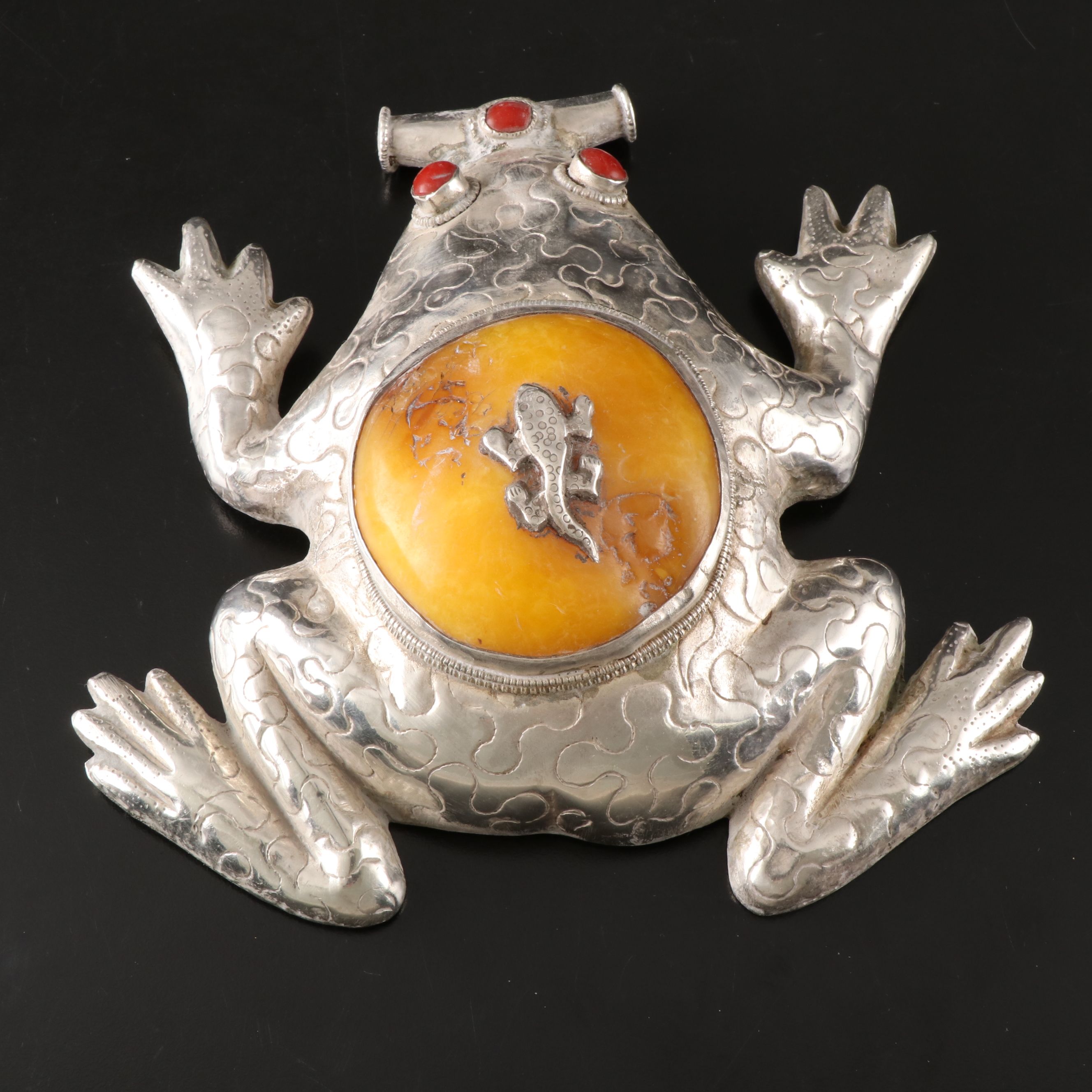 Tibetan 900 Silver Frog with Resin and Glass Inlay