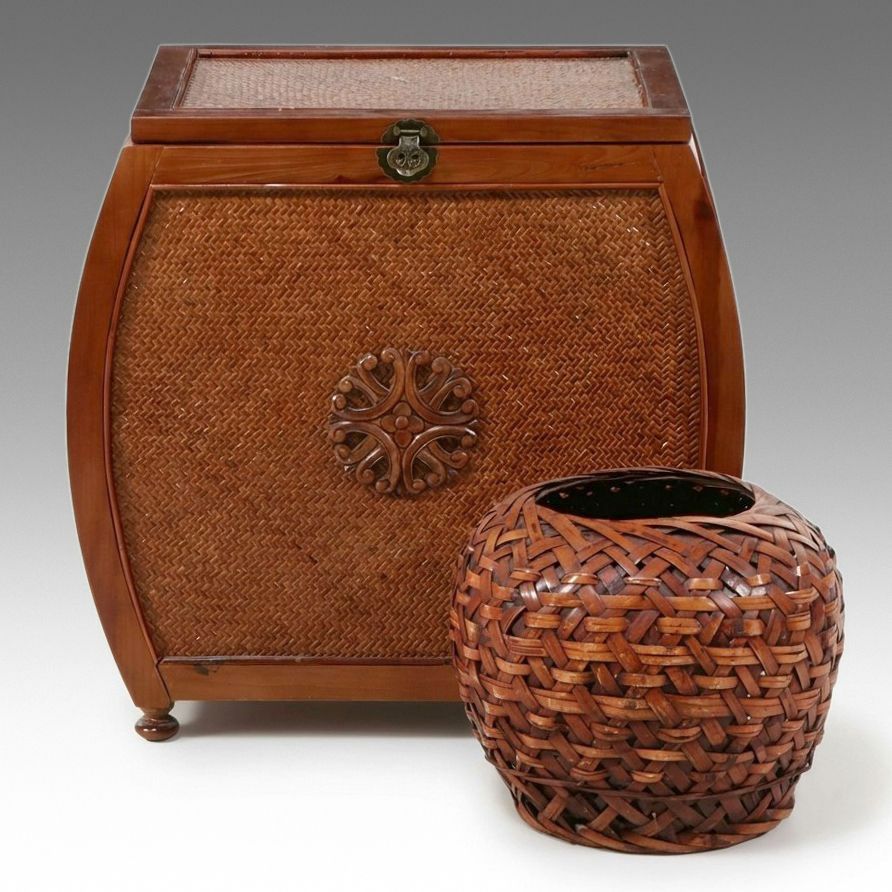 Chinese Style Elm and Woven Rattan Storage Trunk with Bamboo Basket