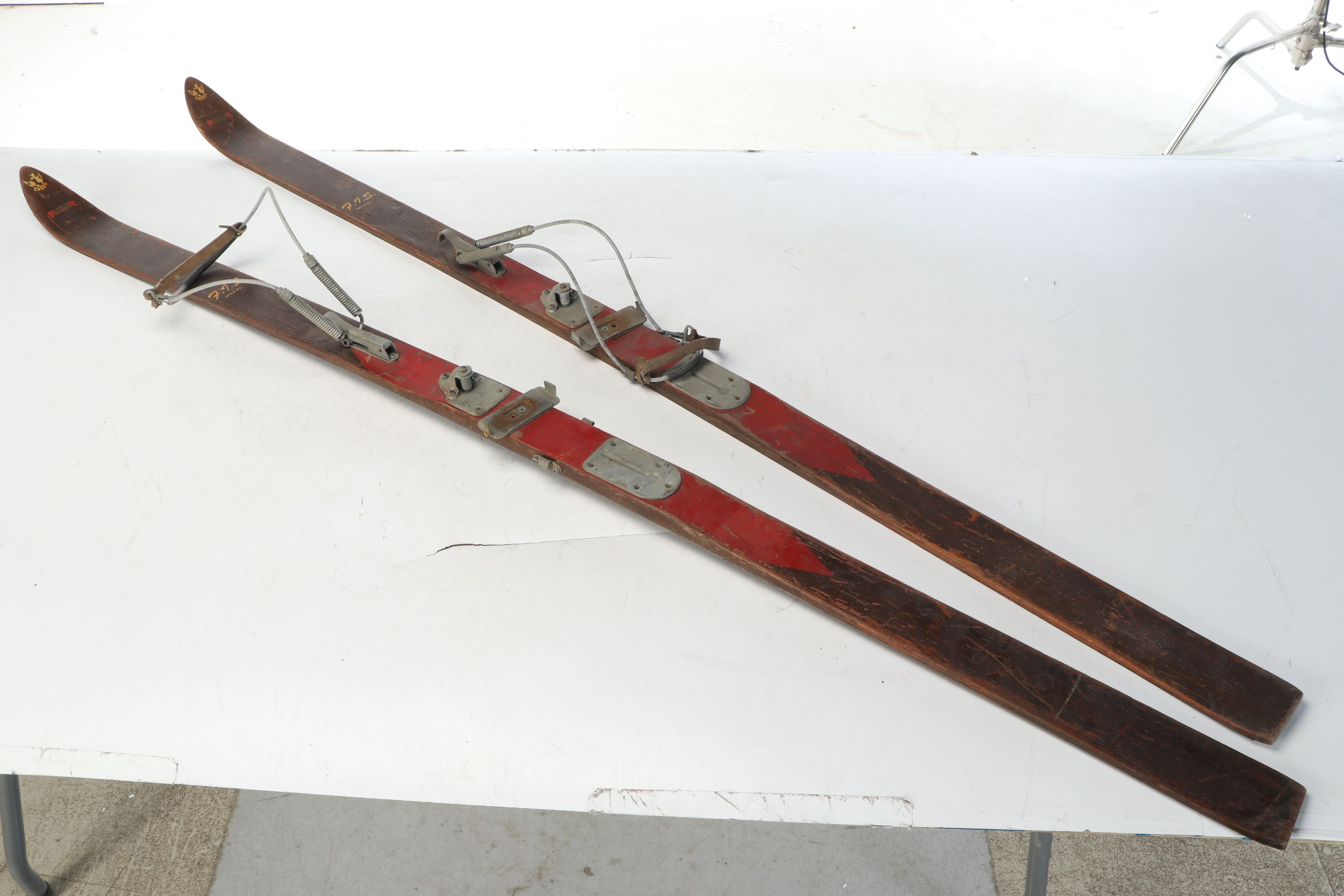 Corrie's Wooden Downhill Skis with Poles, Mid-20th Century