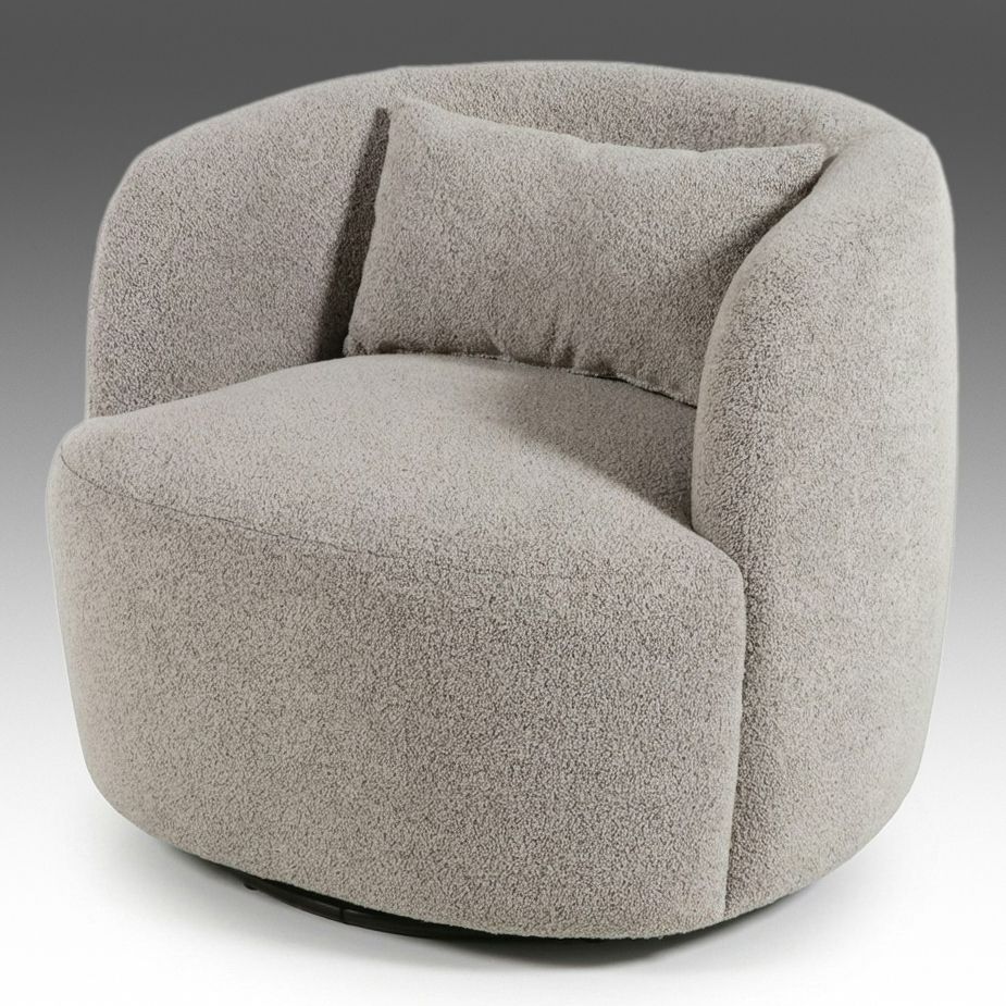 Kinwell Grey Bouclé Swivel Barrel Chair with Lumbar Pillow, 21st Century