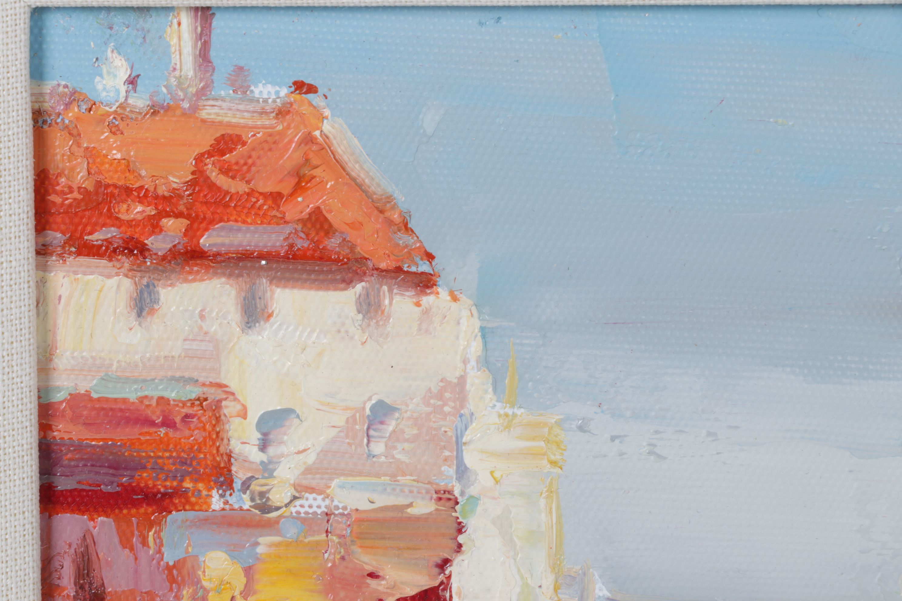 Impressionist Venetian Landscape Oil Painting Featuring Boats and a Harbor