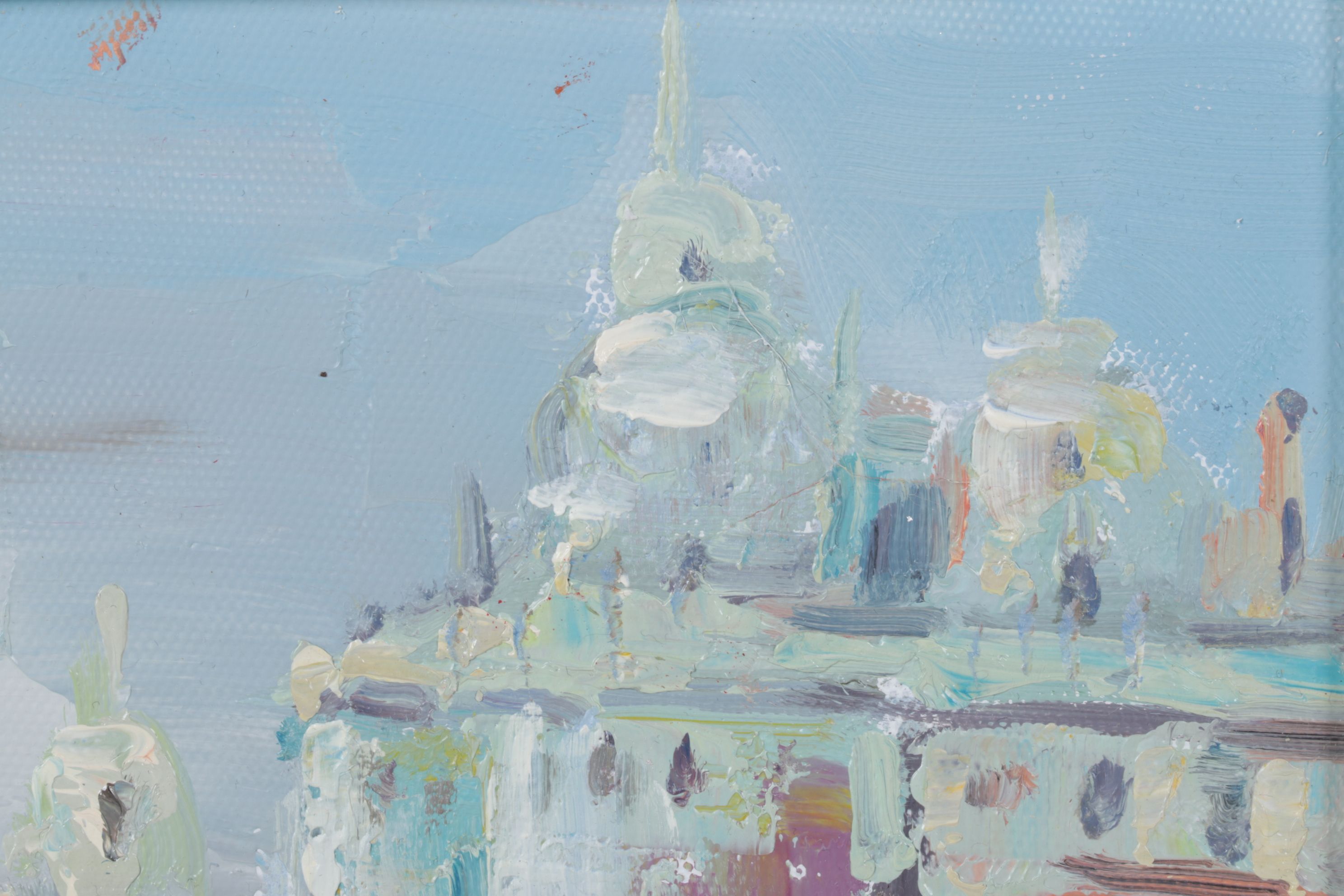 Impressionist Venetian Landscape Oil Painting Featuring Boats and a Harbor