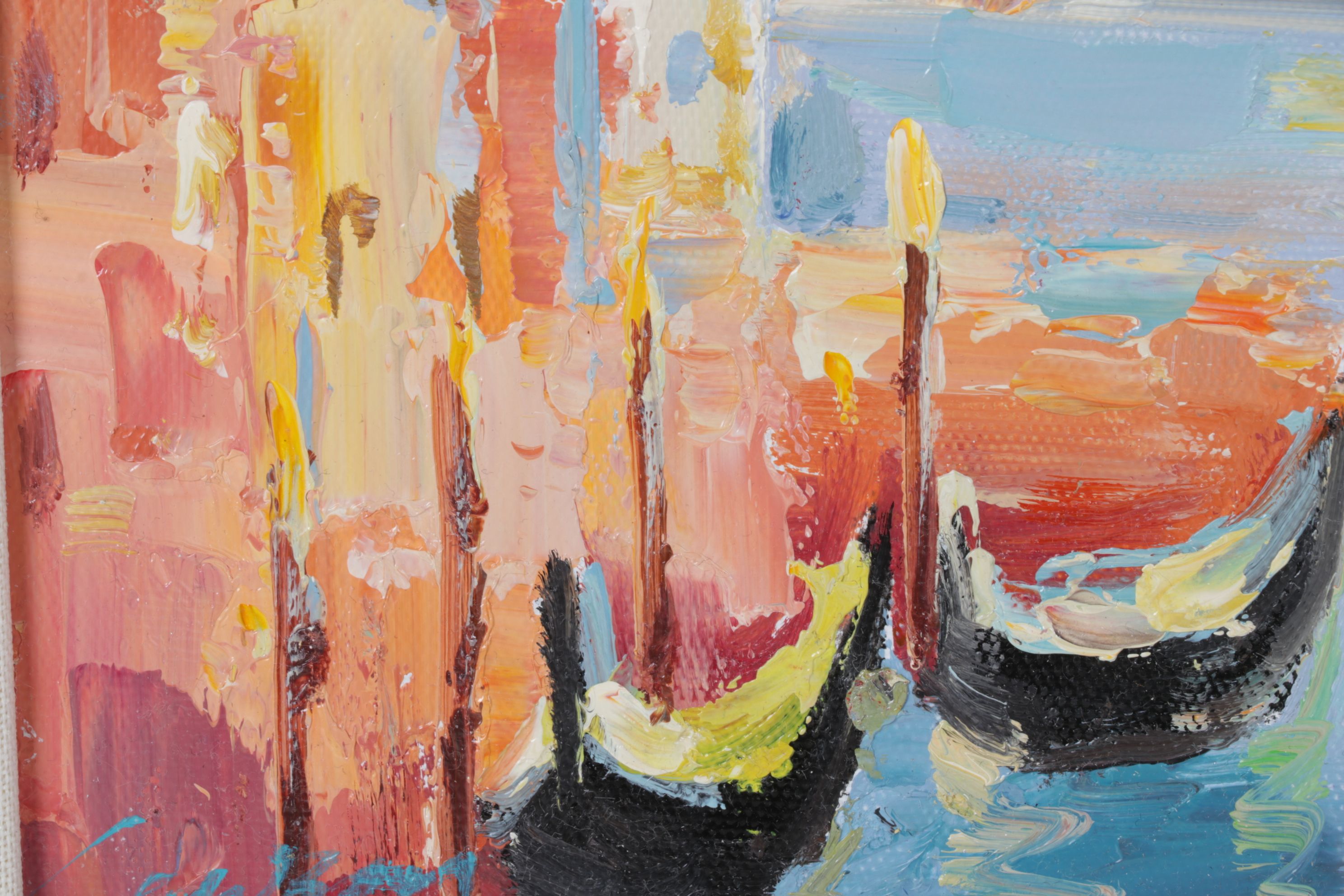 Impressionist Venetian Landscape Oil Painting Featuring Boats and a Harbor