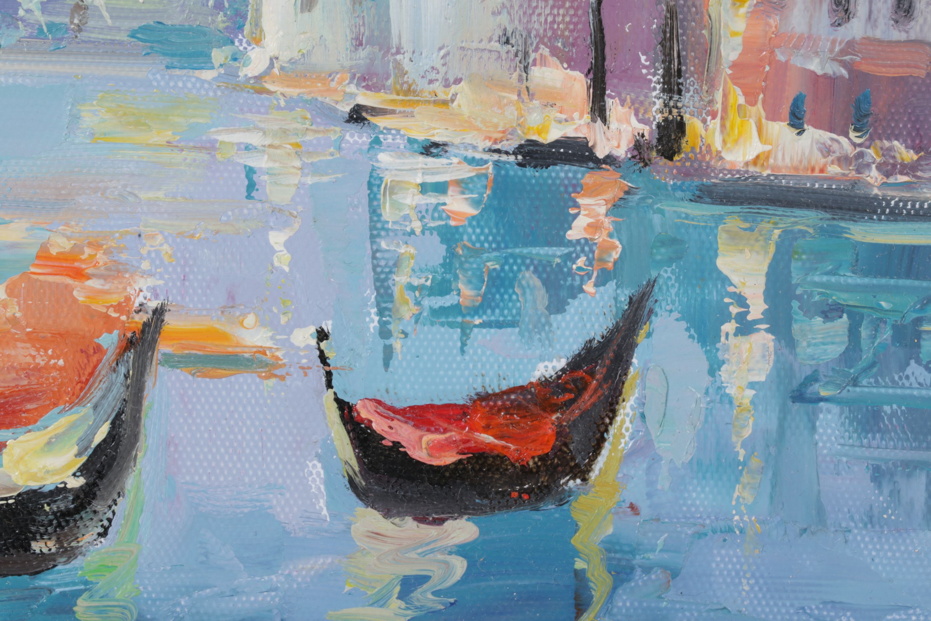 Impressionist Venetian Landscape Oil Painting Featuring Boats and a Harbor