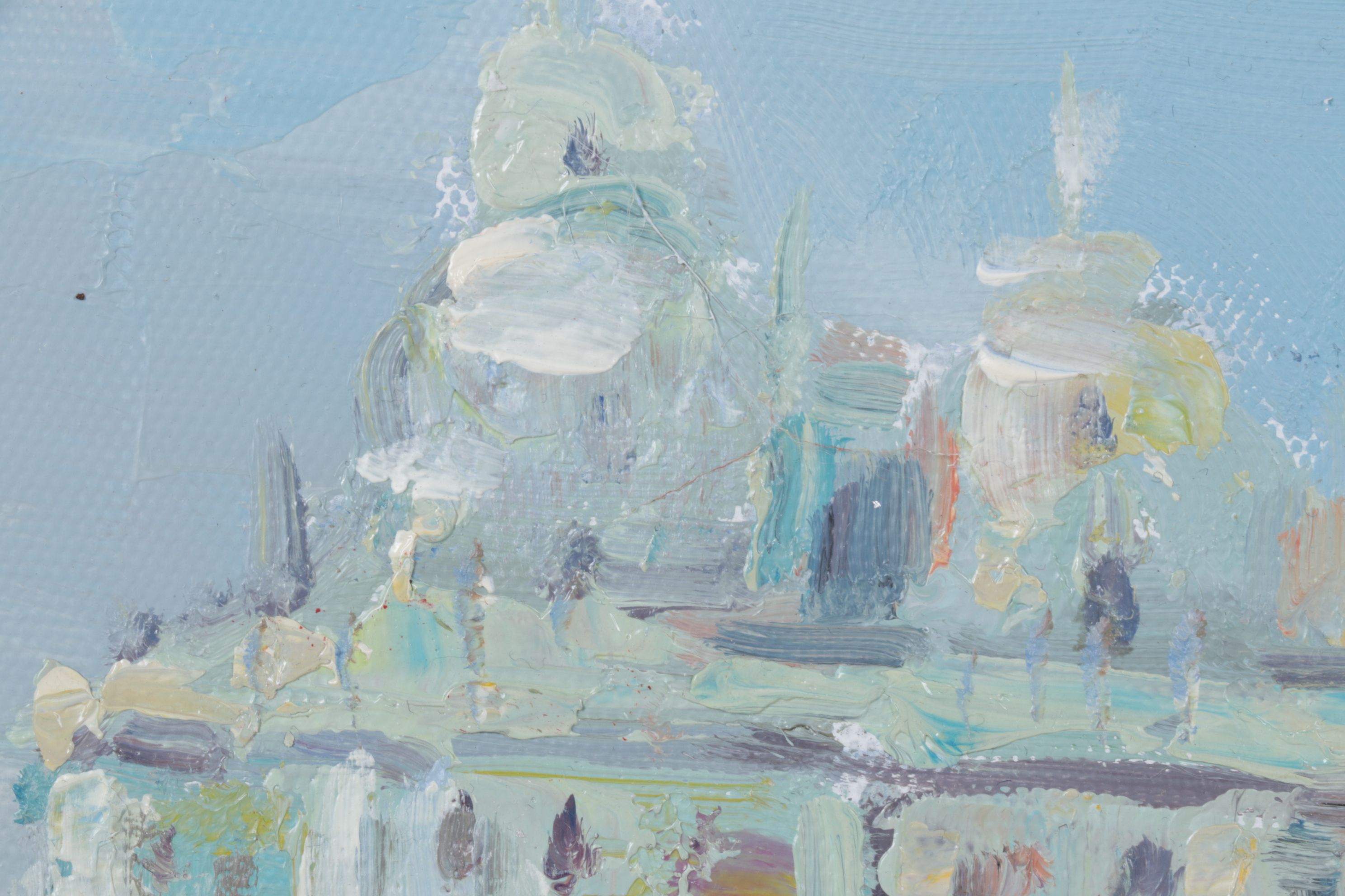 Impressionist Venetian Landscape Oil Painting Featuring Boats and a Harbor