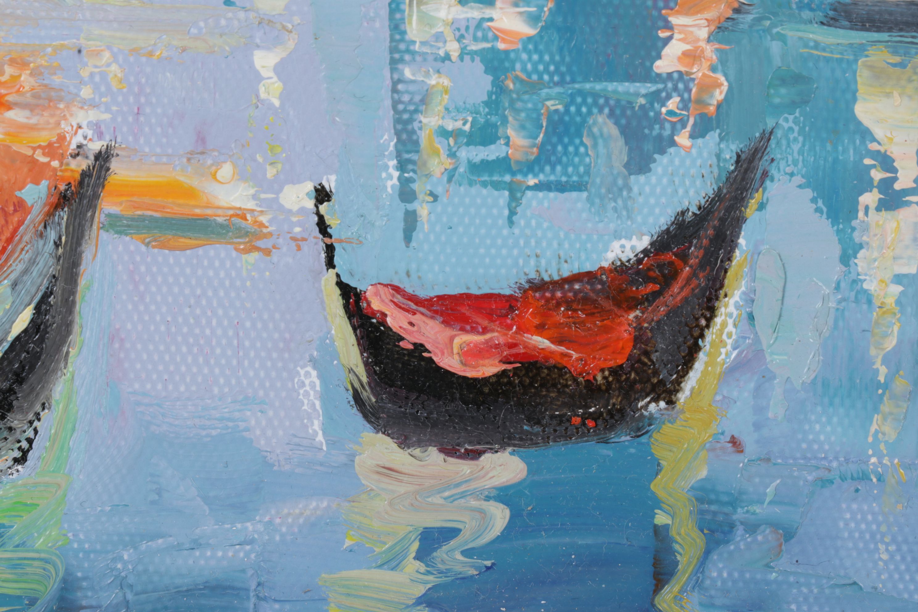 Impressionist Venetian Landscape Oil Painting Featuring Boats and a Harbor