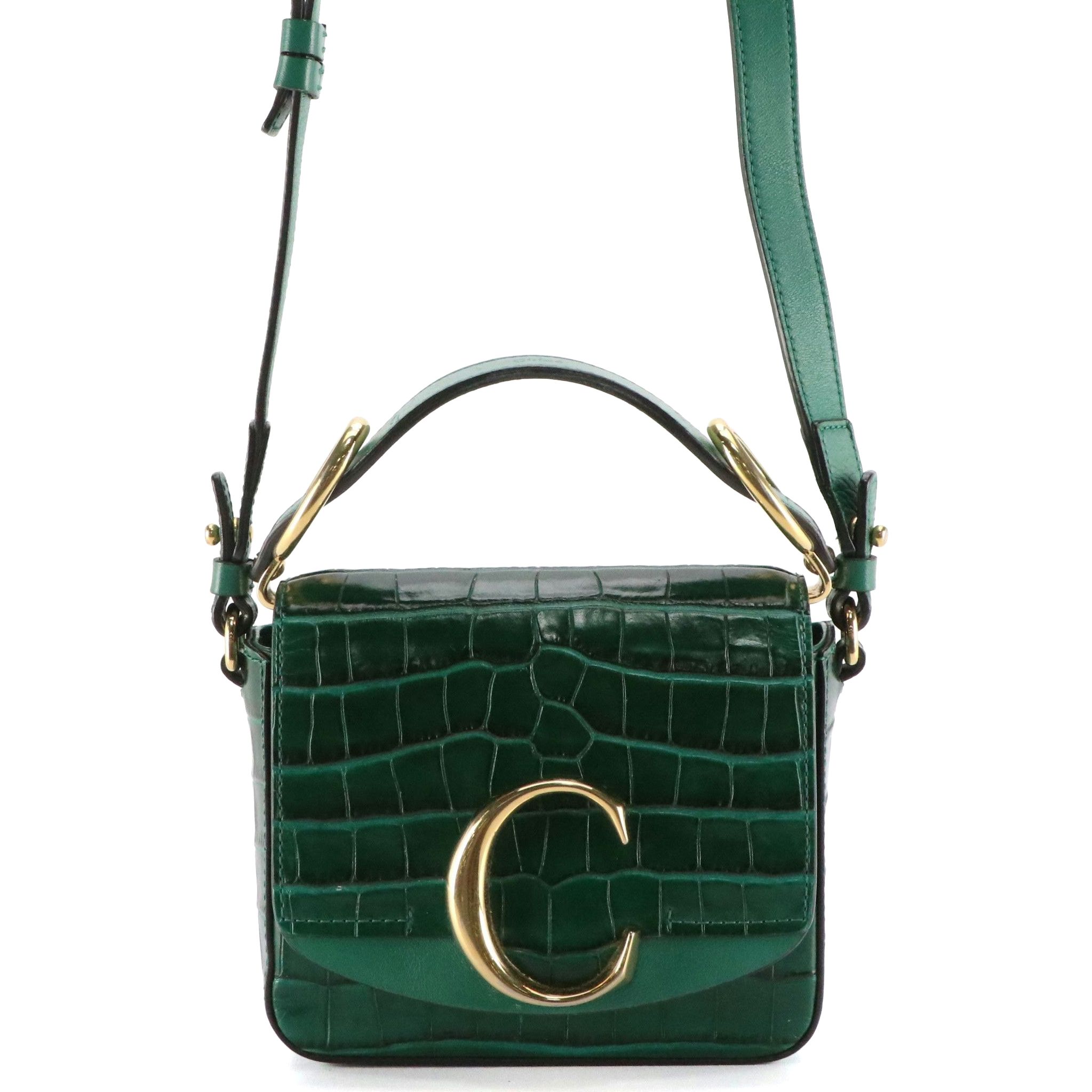 Chloé Mini C Double Carry Bag in Dark Green Croc Embossed and Smooth Leather
