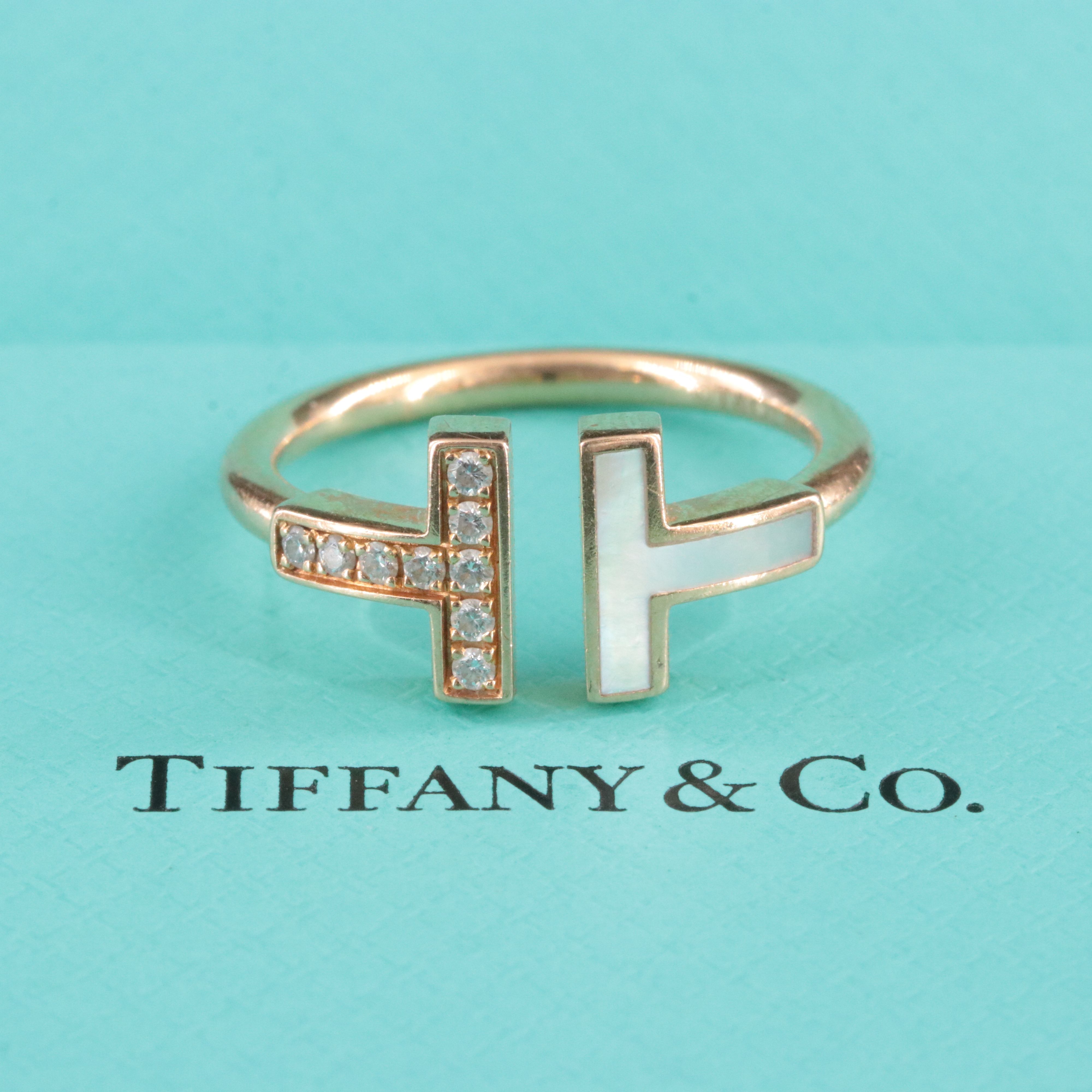 Tiffany & Co. T 18K Rose Gold Diamond and Mother of Pearl Wire Ring