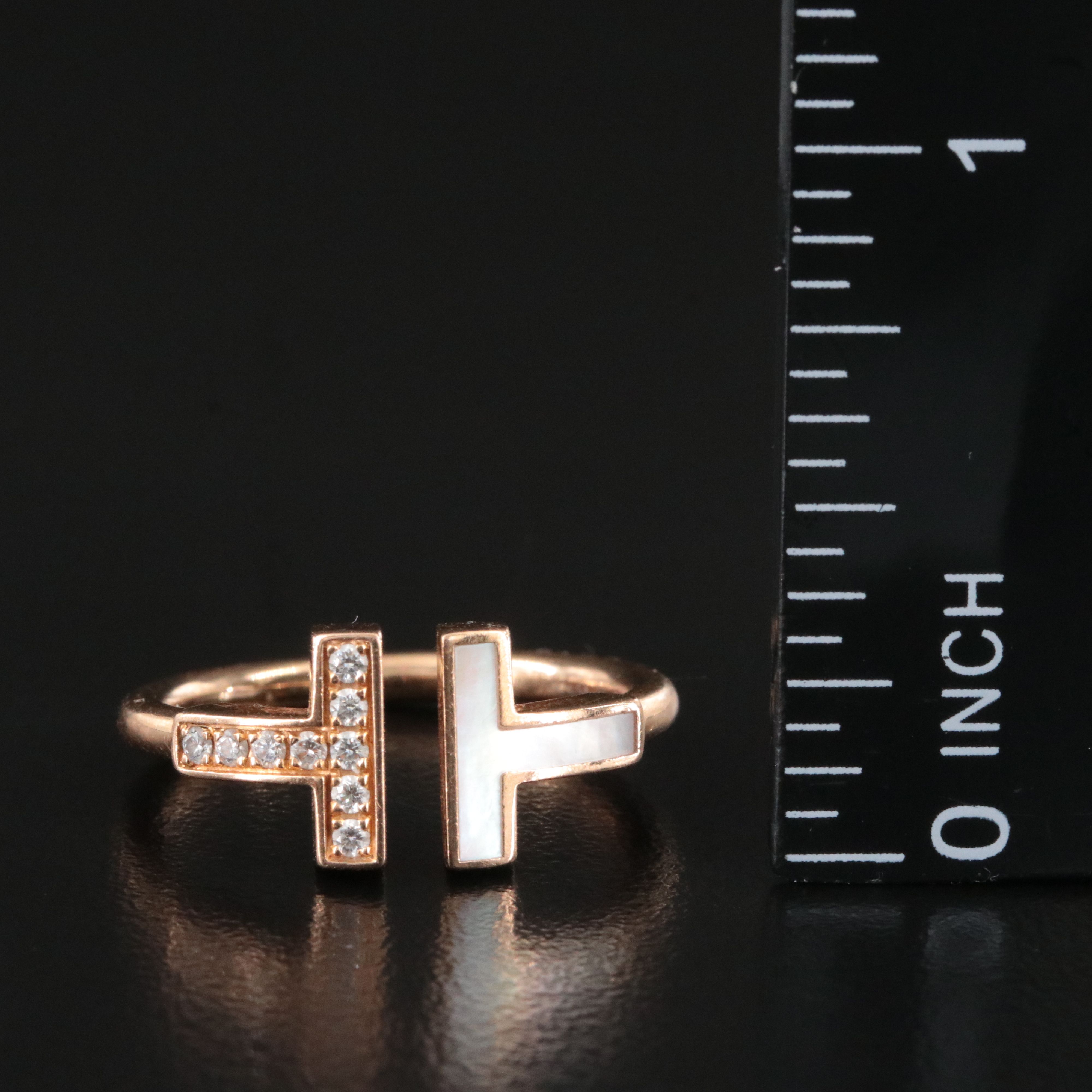 Tiffany & Co. T 18K Rose Gold Diamond and Mother of Pearl Wire Ring
