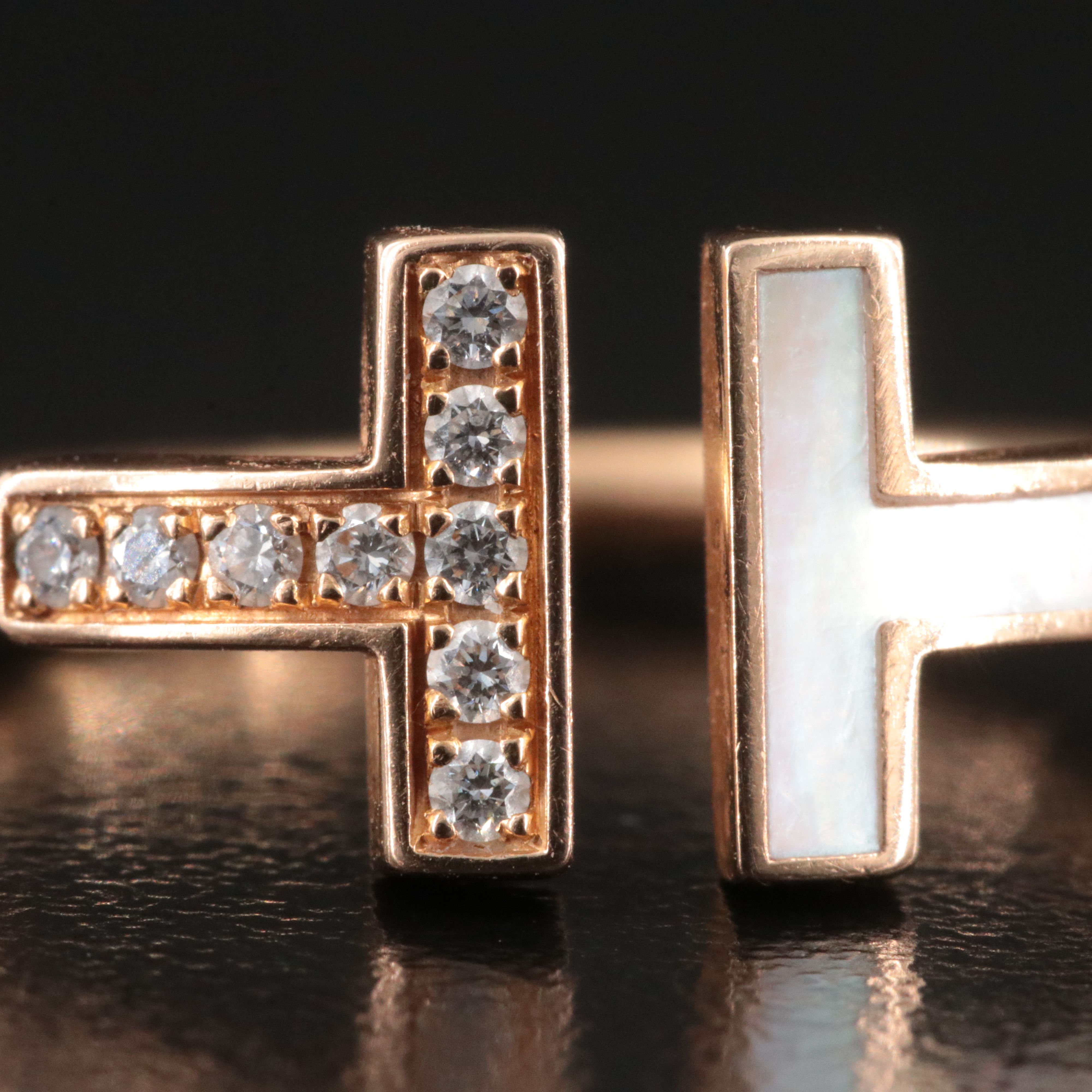 Tiffany & Co. T 18K Rose Gold Diamond and Mother of Pearl Wire Ring