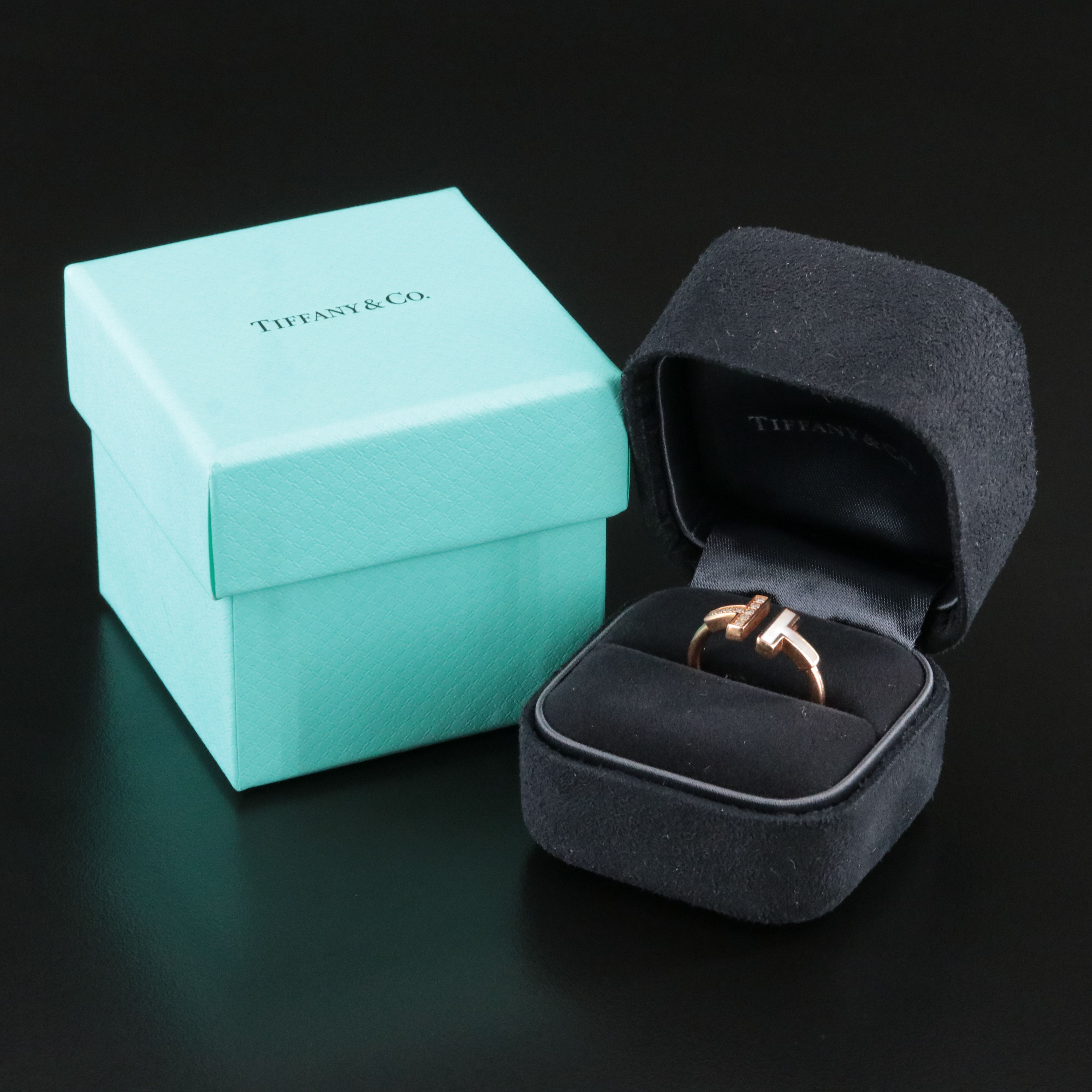 Tiffany & Co. T 18K Rose Gold Diamond and Mother of Pearl Wire Ring