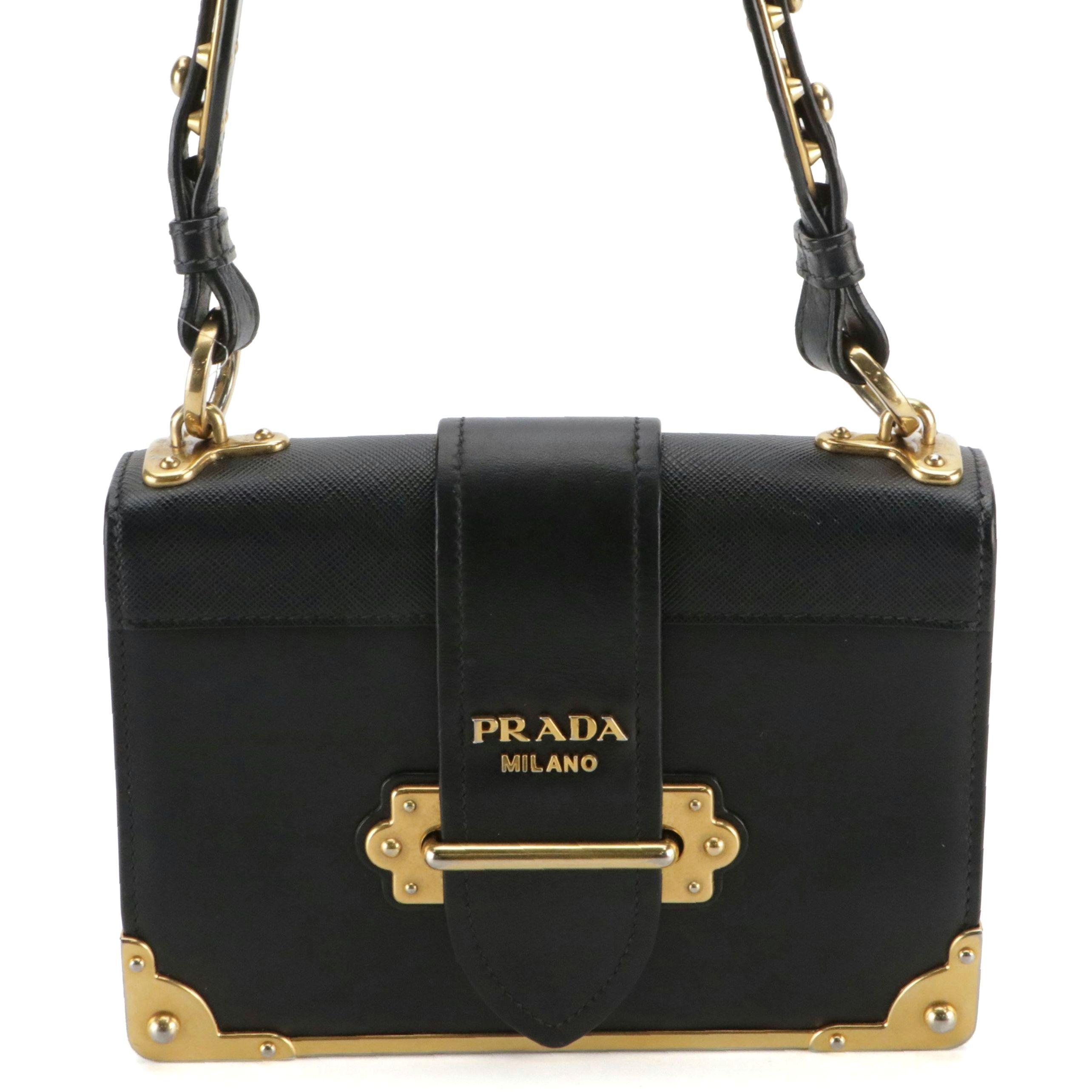Prada Cahier Crossbody Bag in Black Calfskin and Saffiano Leather