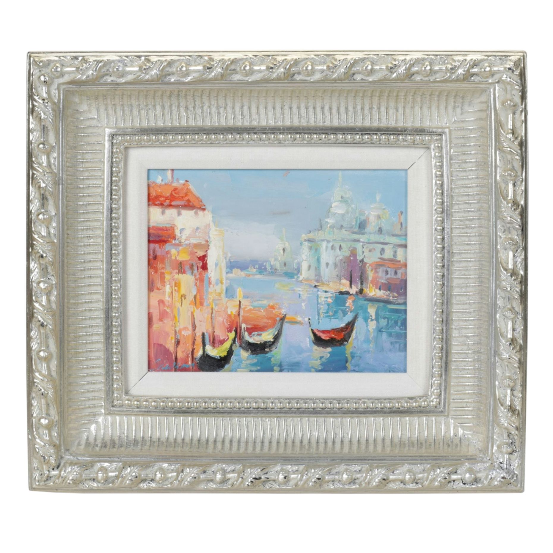 Impressionist Venetian Landscape Oil Painting Featuring Boats and a Harbor