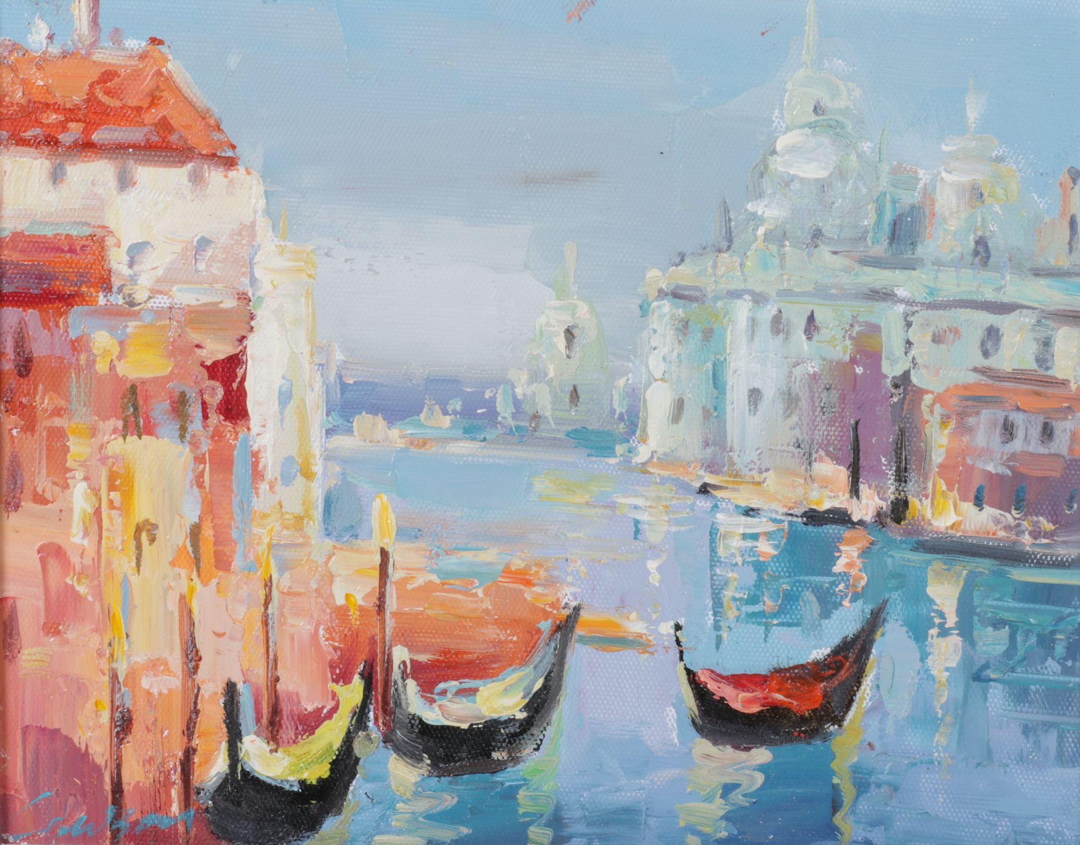 Impressionist Venetian Landscape Oil Painting Featuring Boats and a Harbor