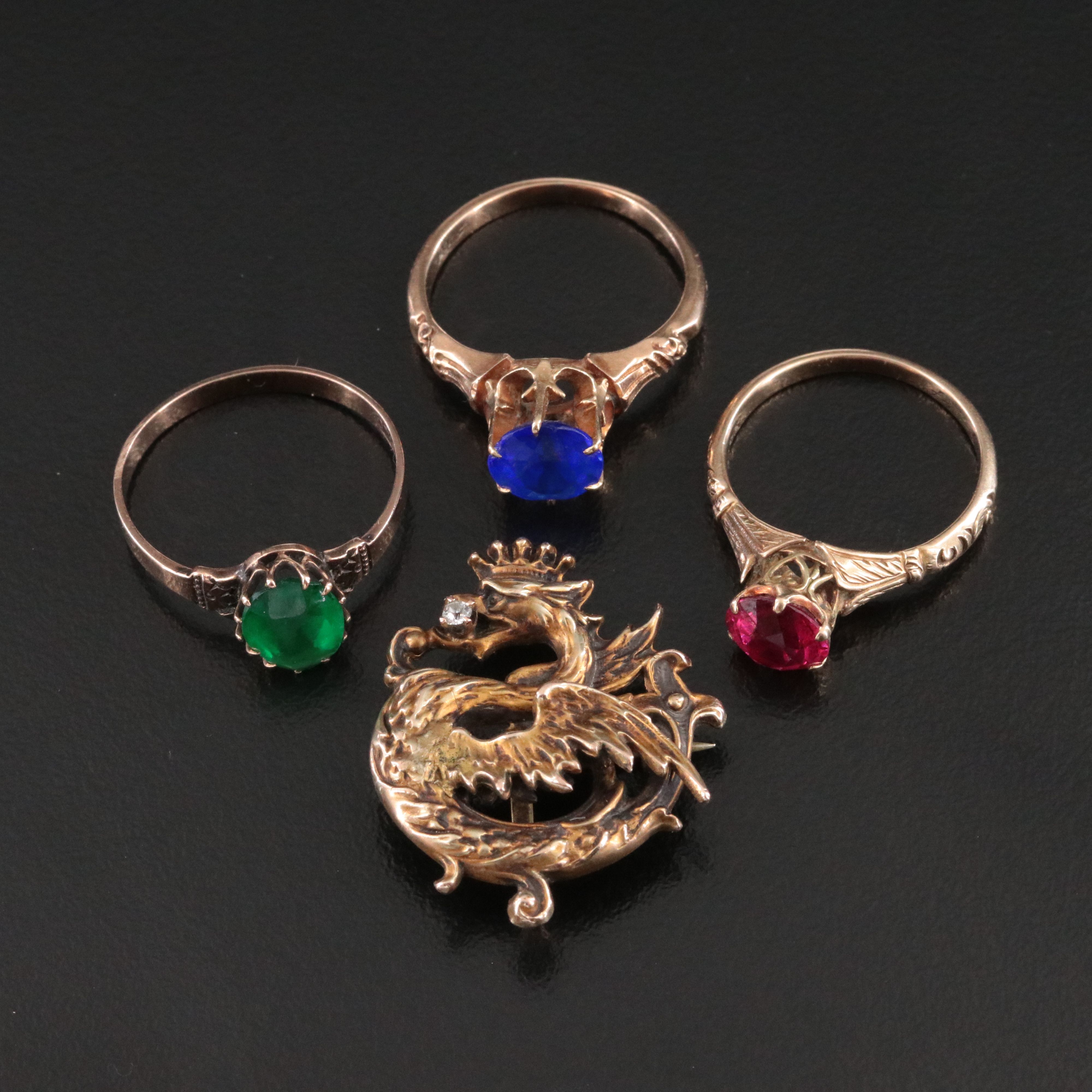 Art Nouveau Diamond Gryphon Watch Pin with Antique 9K and 14K Rings