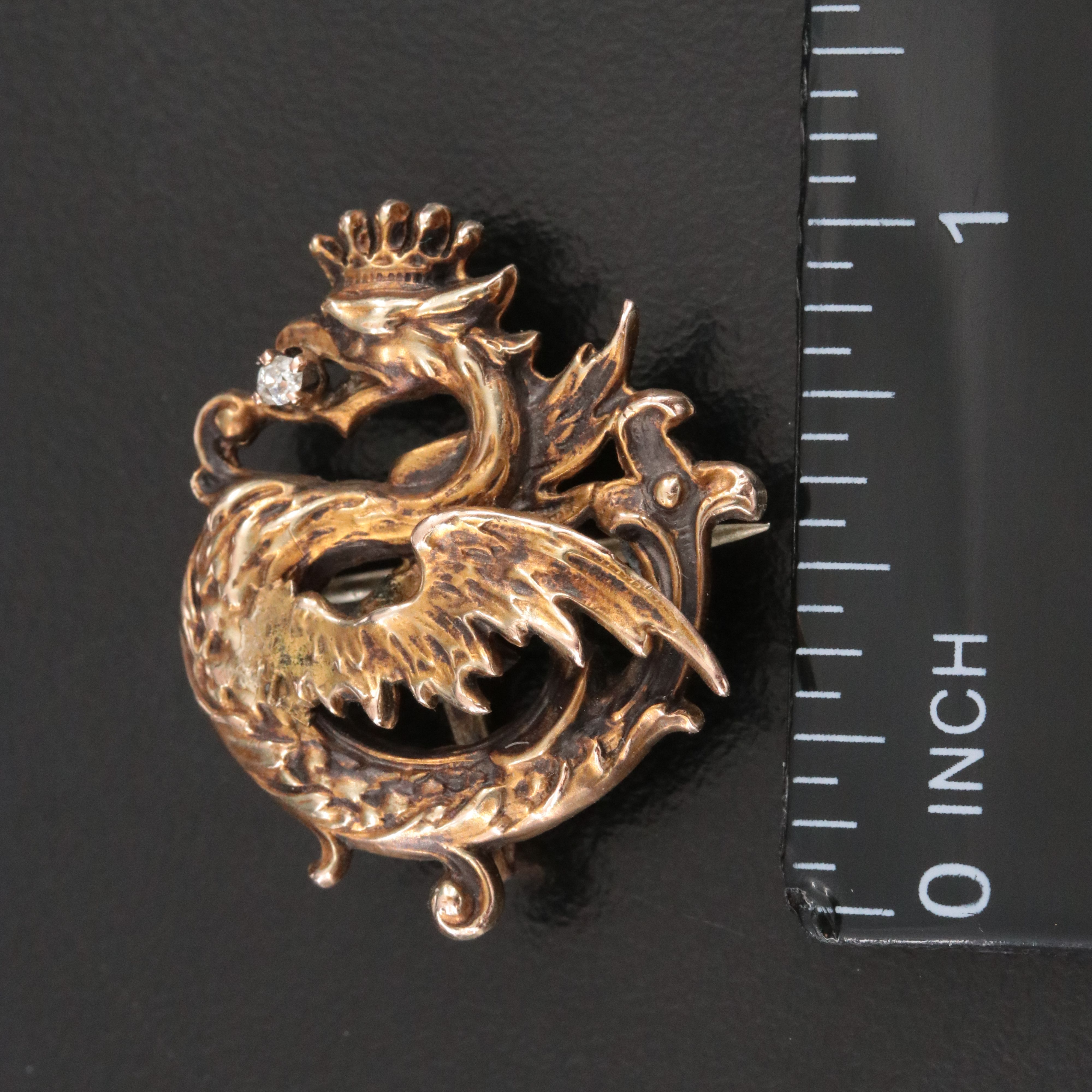 Art Nouveau Diamond Gryphon Watch Pin with Antique 9K and 14K Rings