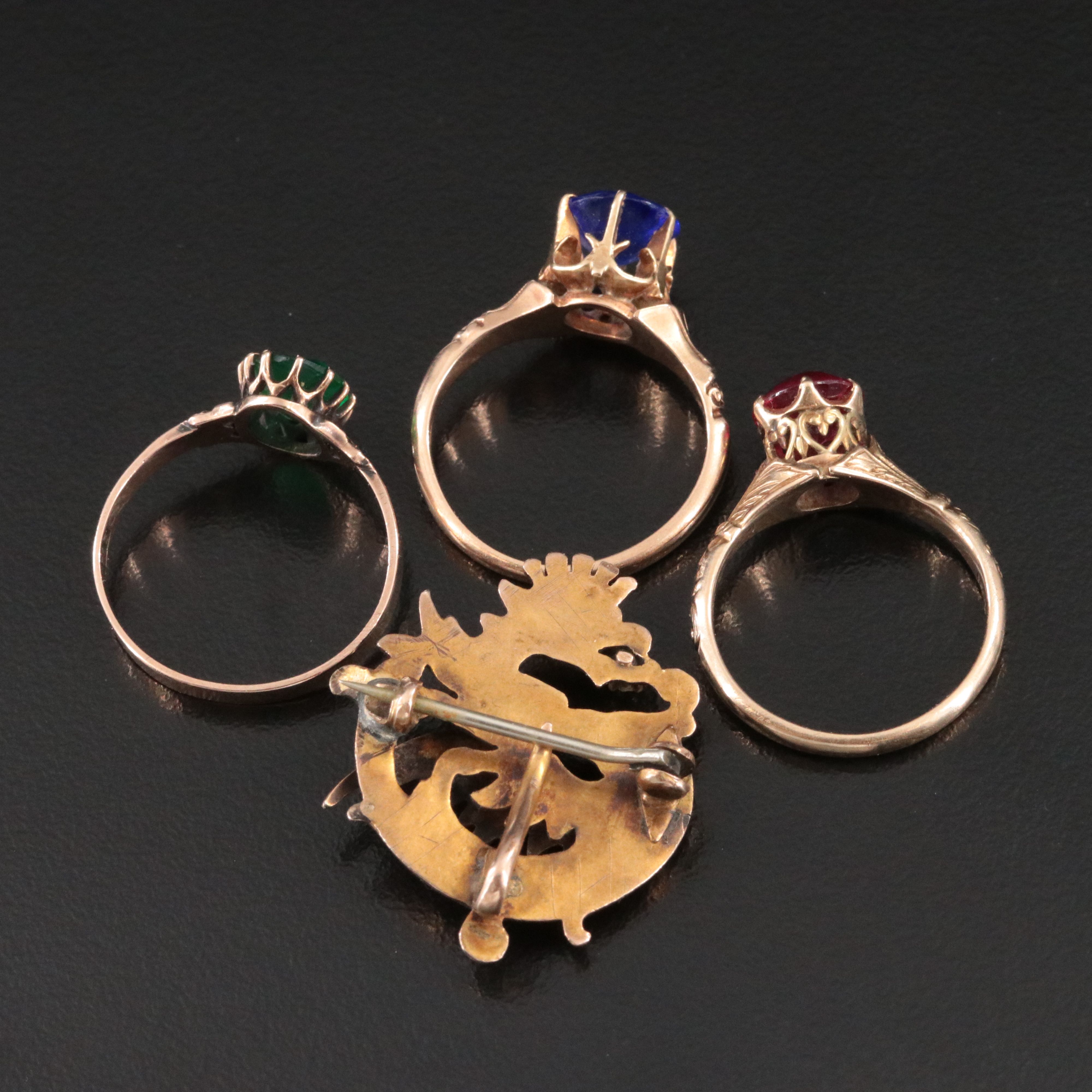 Art Nouveau Diamond Gryphon Watch Pin with Antique 9K and 14K Rings