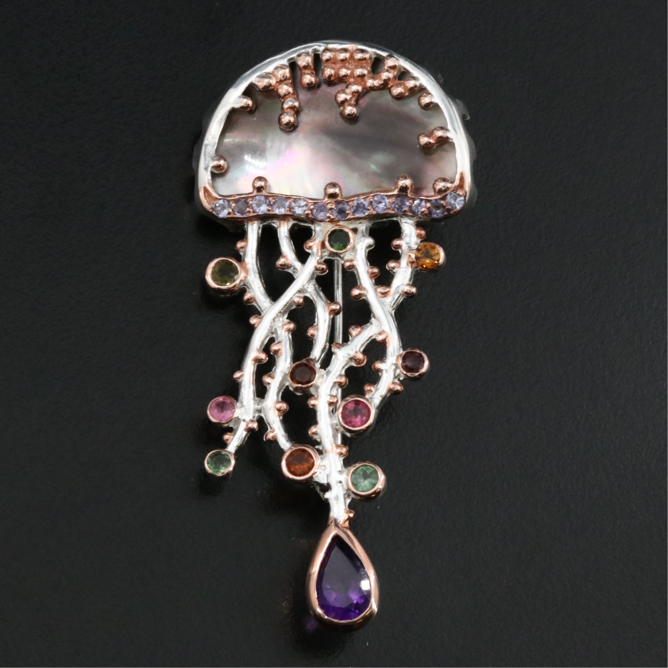 Sterling Mother-of-Pearl, Amethyst, and Citrine Jellyfish Converter Brooch