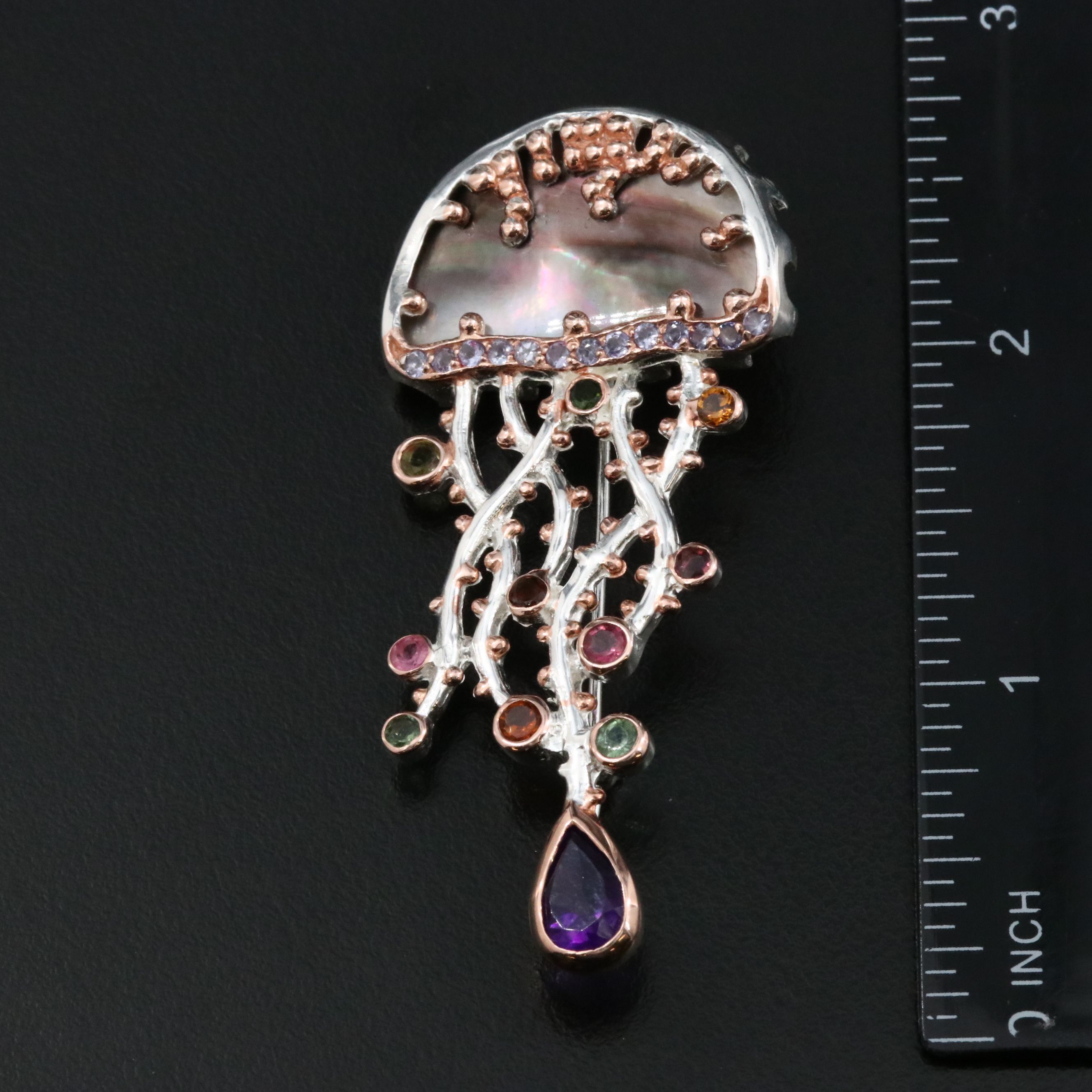 Sterling Mother-of-Pearl, Amethyst, and Citrine Jellyfish Converter Brooch