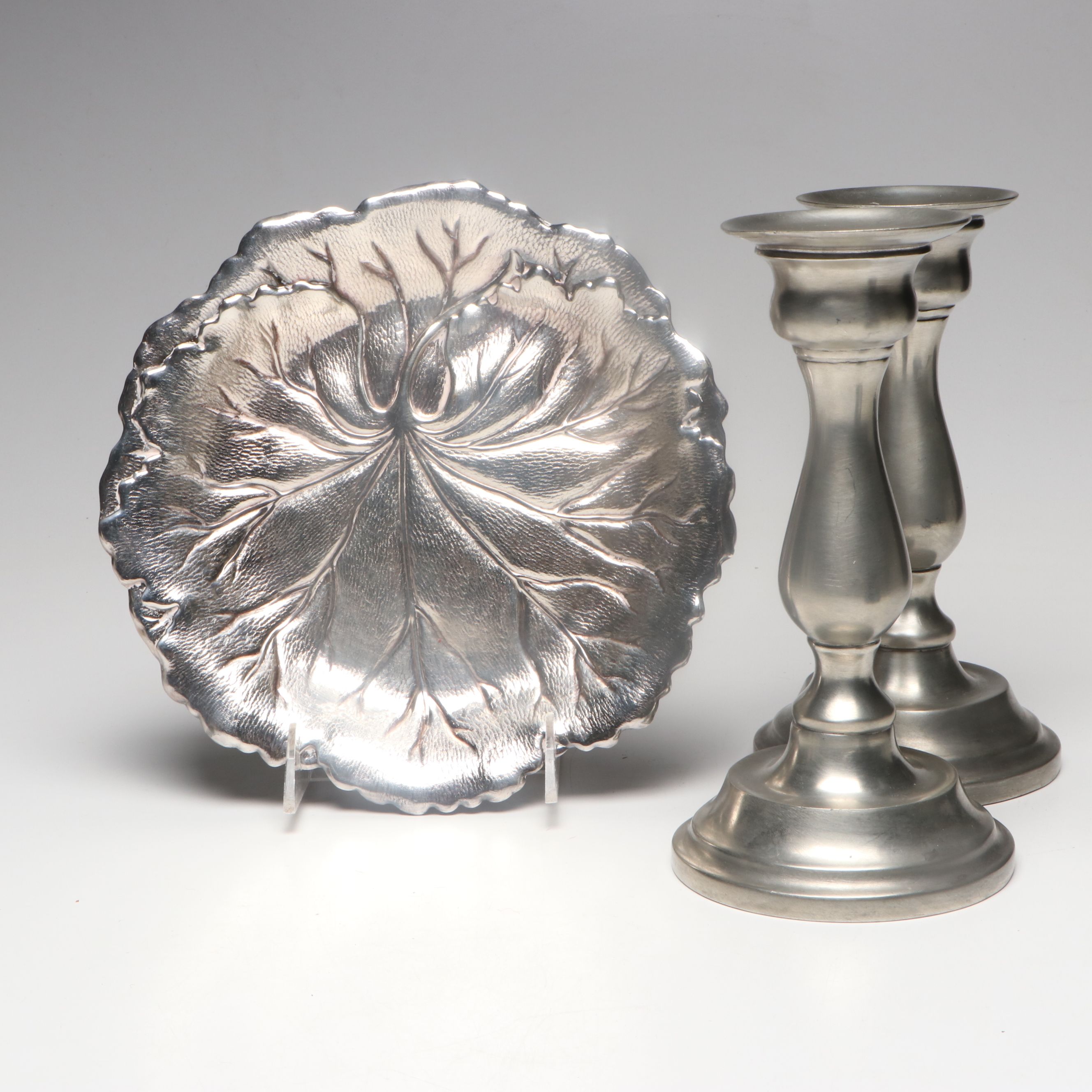 Wilcox Vegetal Form Silver Plate Dish with Pewter Candlesticks