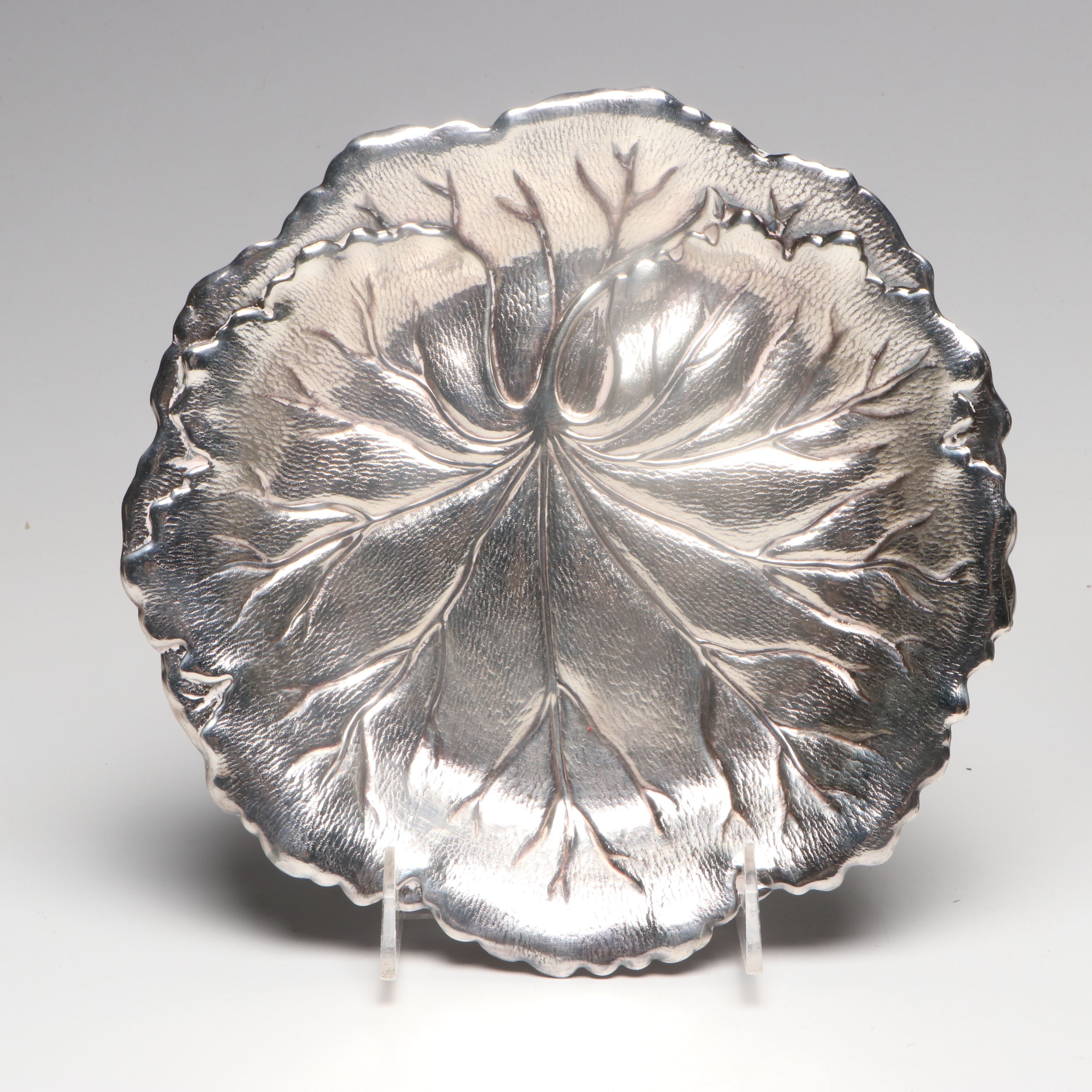 Wilcox Vegetal Form Silver Plate Dish with Pewter Candlesticks