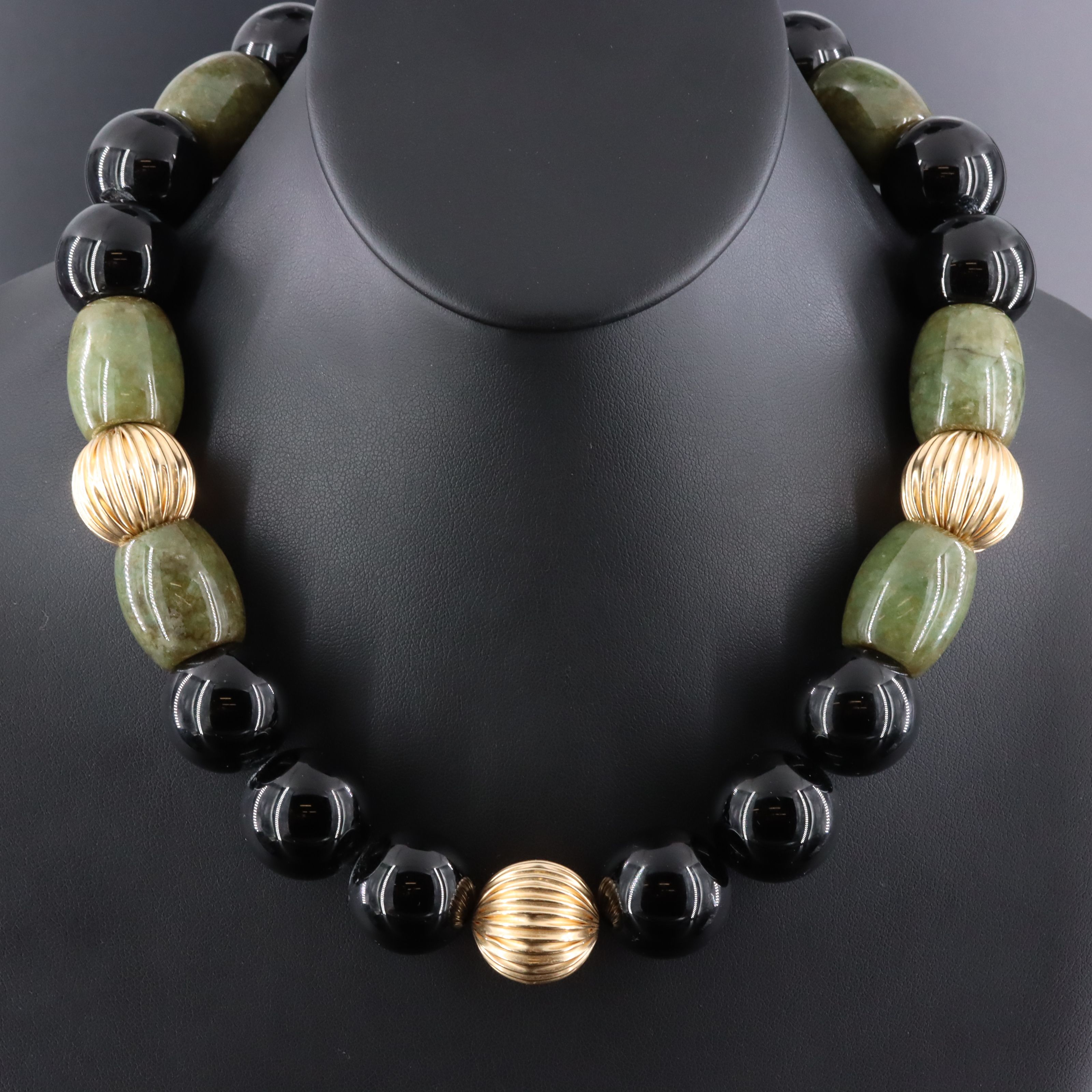 Jadeite and Black Onyx Necklace with 14K Clasp and Fluted Station Beads